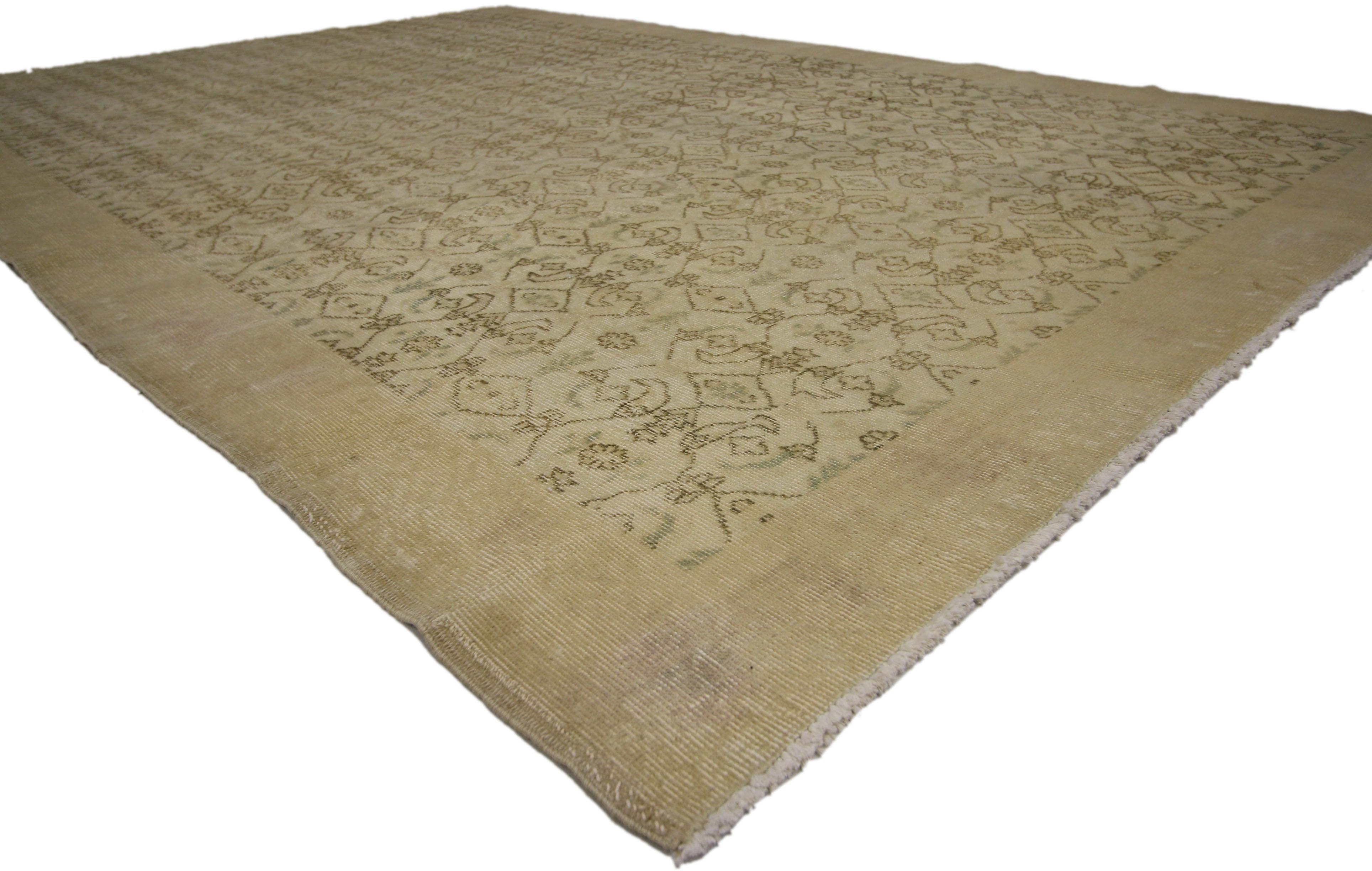 51153 Zeki Muren Distressed Vintage Turkish Sivas Rug with Shabby Chic Cottage Style. Lovingly timeworn with cottage charm and Gustavian grace, this hand knotted wool distressed Turkish Sivas rug beautifully embodies a Shabby Chic Farmhouse style.