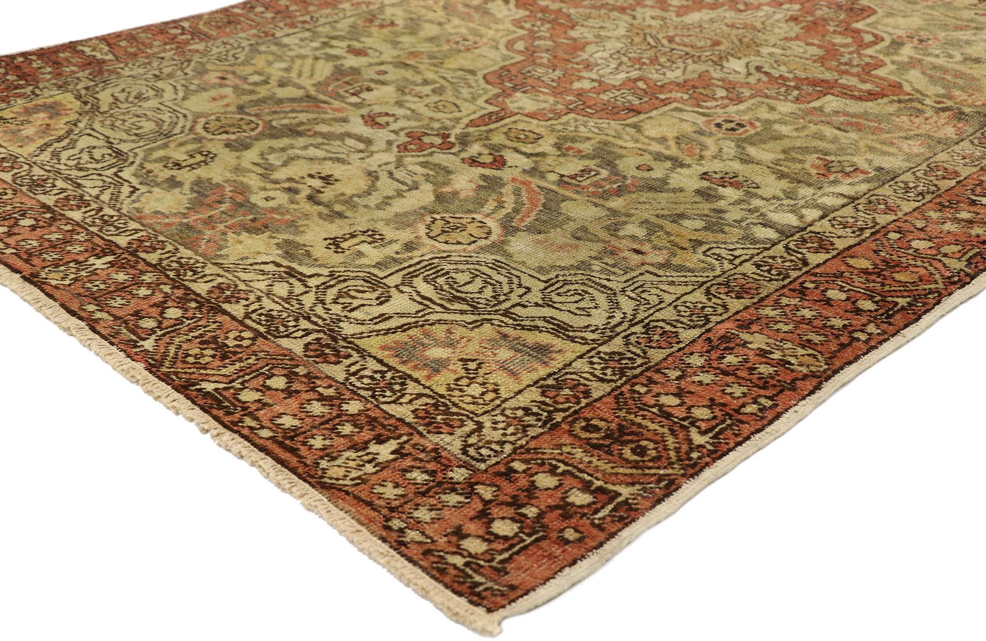 50527, distressed vintage Turkish Sivas rug with Modern Rustic Artisan style 03'10 X 06'01. Warm and inviting with rustic artisan style, this hand knotted wool distressed vintage Turkish Sivas rug features a central cusped diamond lozenge medallion.
