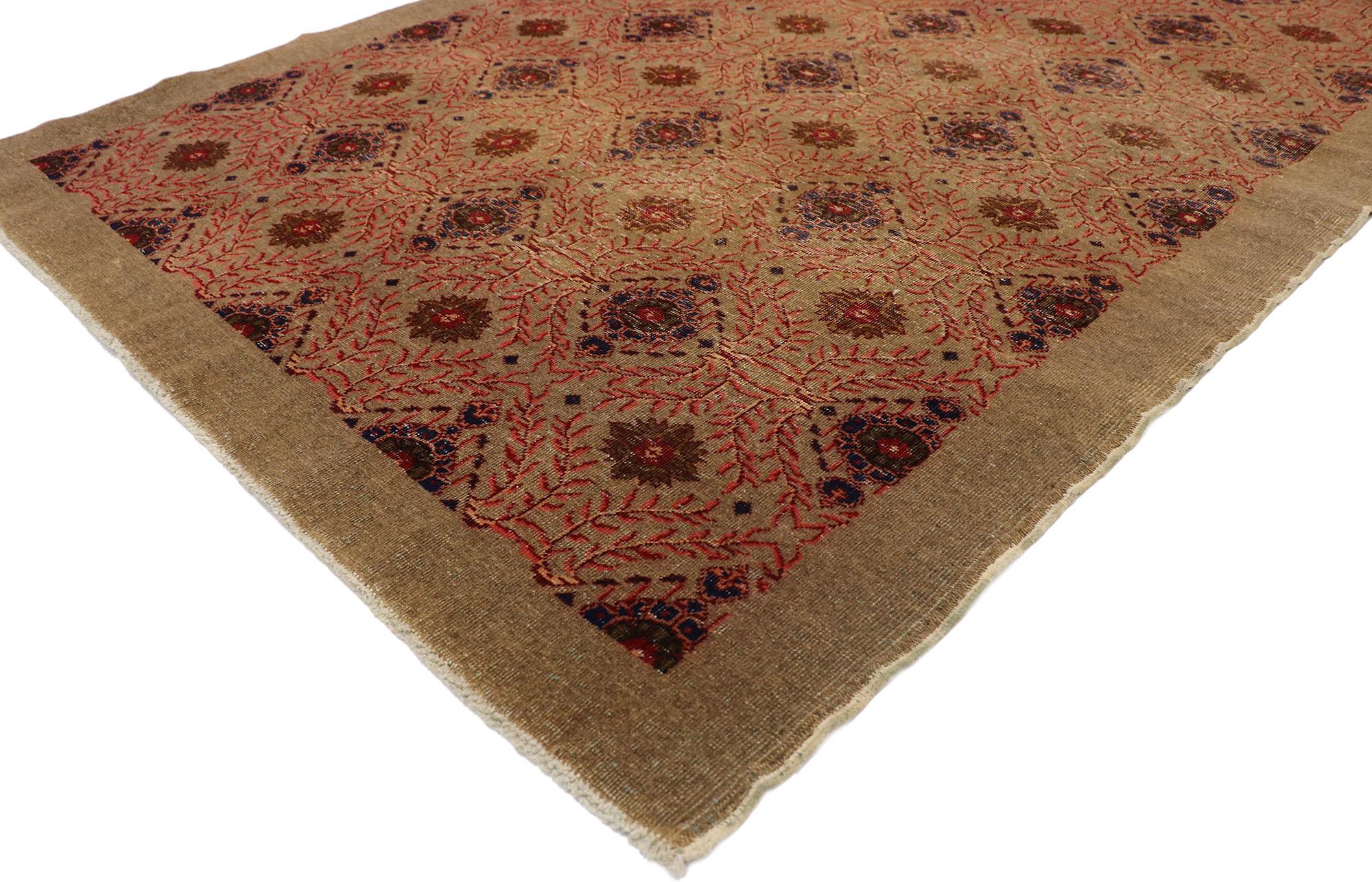 52853, distressed vintage Turkish Sivas rug with modern rustic Artisan style. This hand knotted wool distressed vintage Turkish Sivas rug features an all-over trellis pattern composed of offset rows of rounded floral motifs outlined with trompe