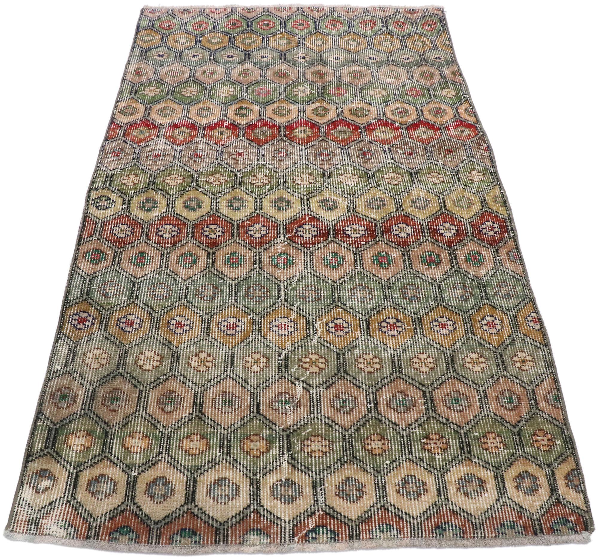 Arts and Crafts Distressed Vintage Turkish Sivas Rug with Modern Rustic Bungalow Style For Sale