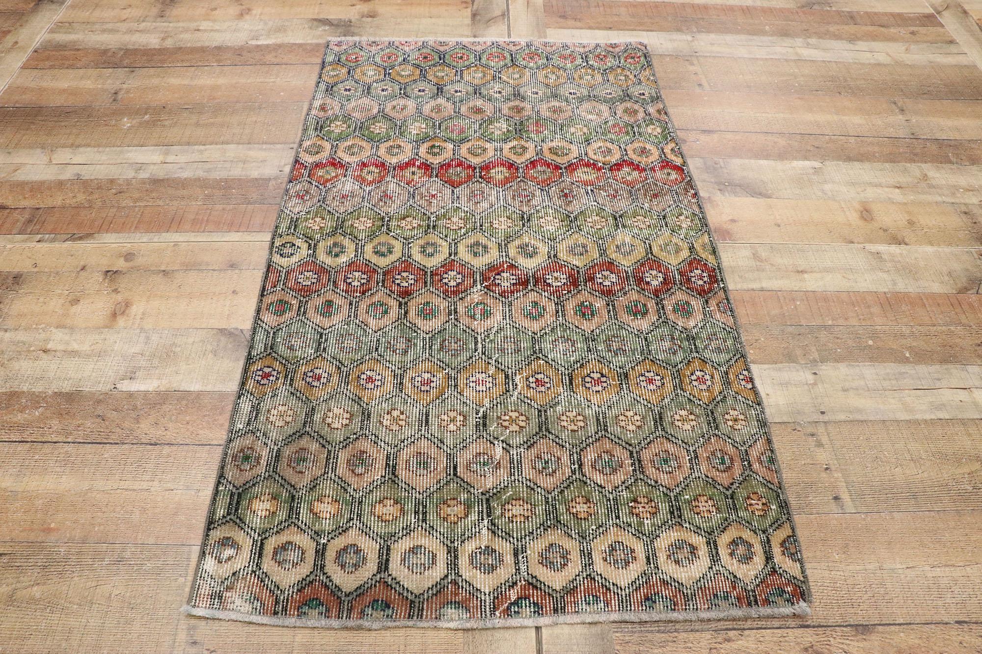 Wool Distressed Vintage Turkish Sivas Rug with Modern Rustic Bungalow Style For Sale