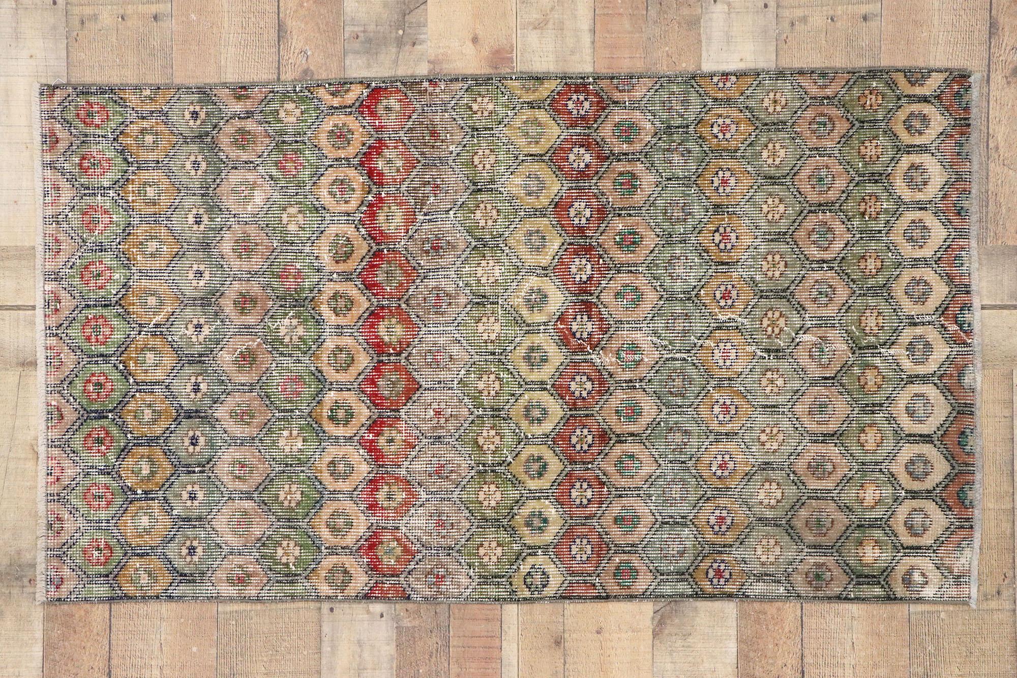 Distressed Vintage Turkish Sivas Rug with Modern Rustic Bungalow Style For Sale 1