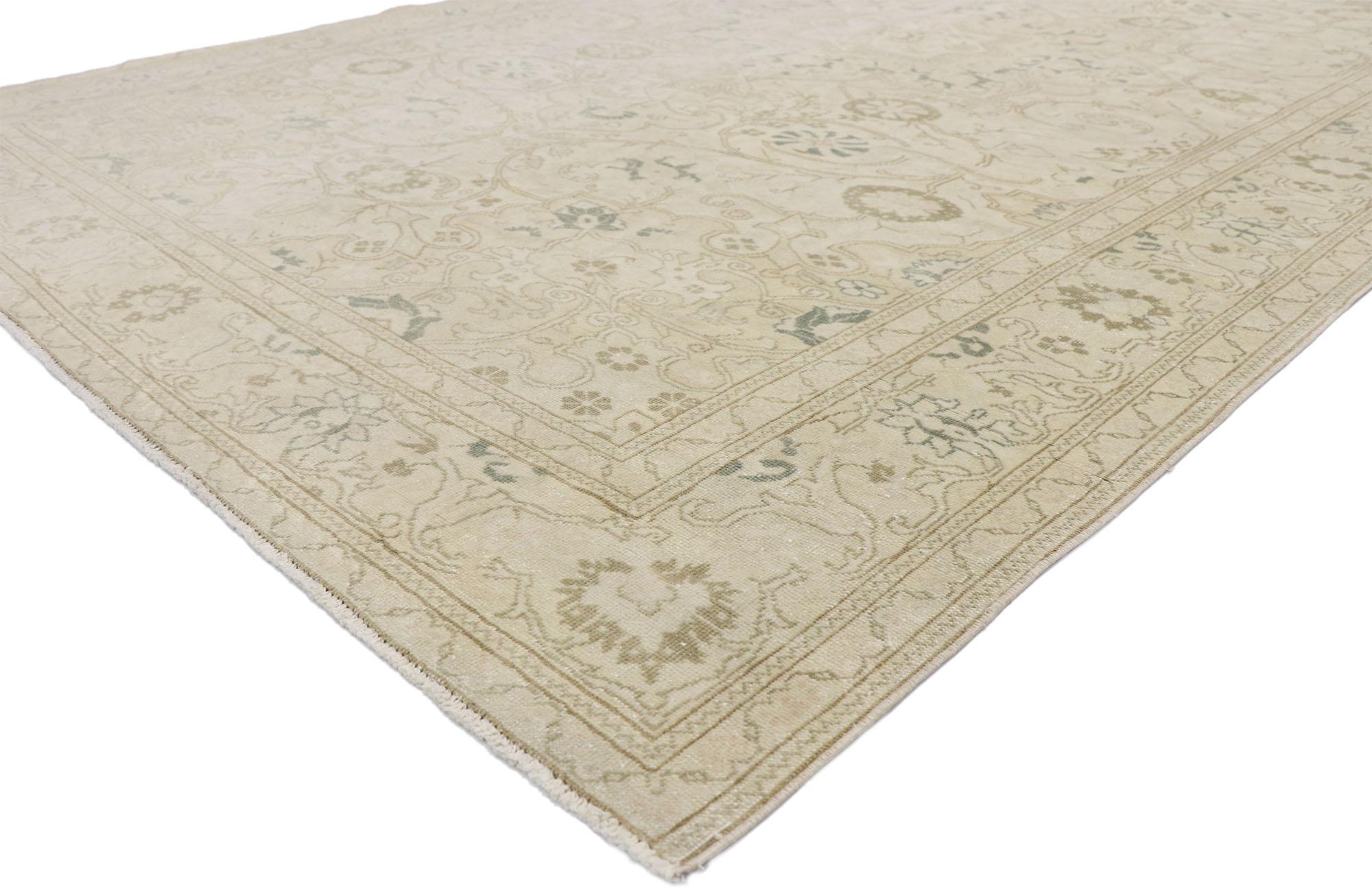 52659, distressed vintage Turkish Sivas rug with modern rustic Cotswold Cottage style. With its soft, subtle hues and cozy simplicity, this hand knotted wool distressed vintage Turkish Sivas rug charms with ease and beautifully embodies Cotswold