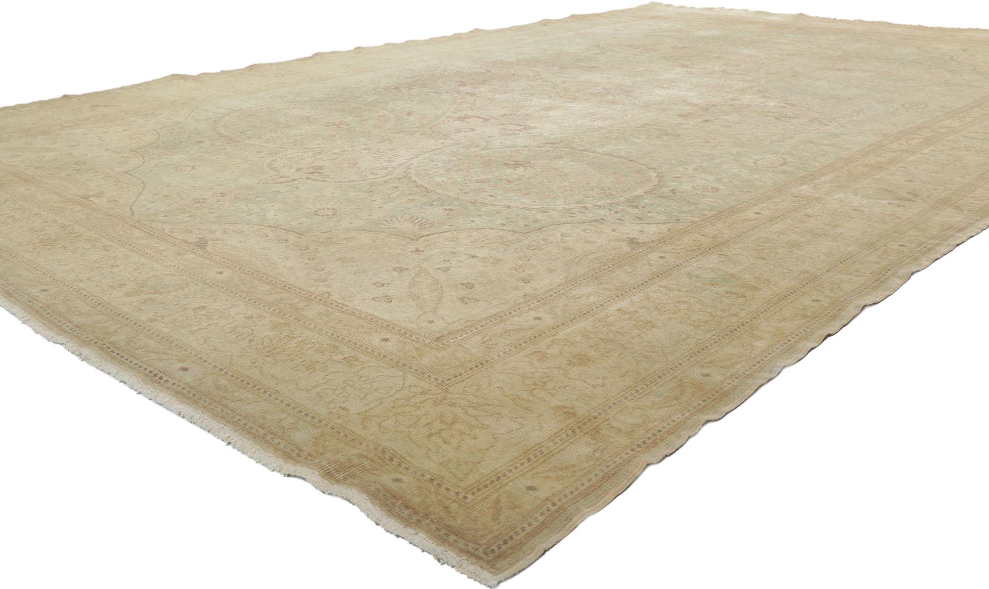 ​51292 Distressed Vintage Turkish Sivas Rug with Modern Rustic Cotswold Cottage Style 08'00 x 12'05. ​With its soft, subtle hues and cozy simplicity, this hand knotted wool distressed vintage Turkish Sivas rug charms with ease and beautifully