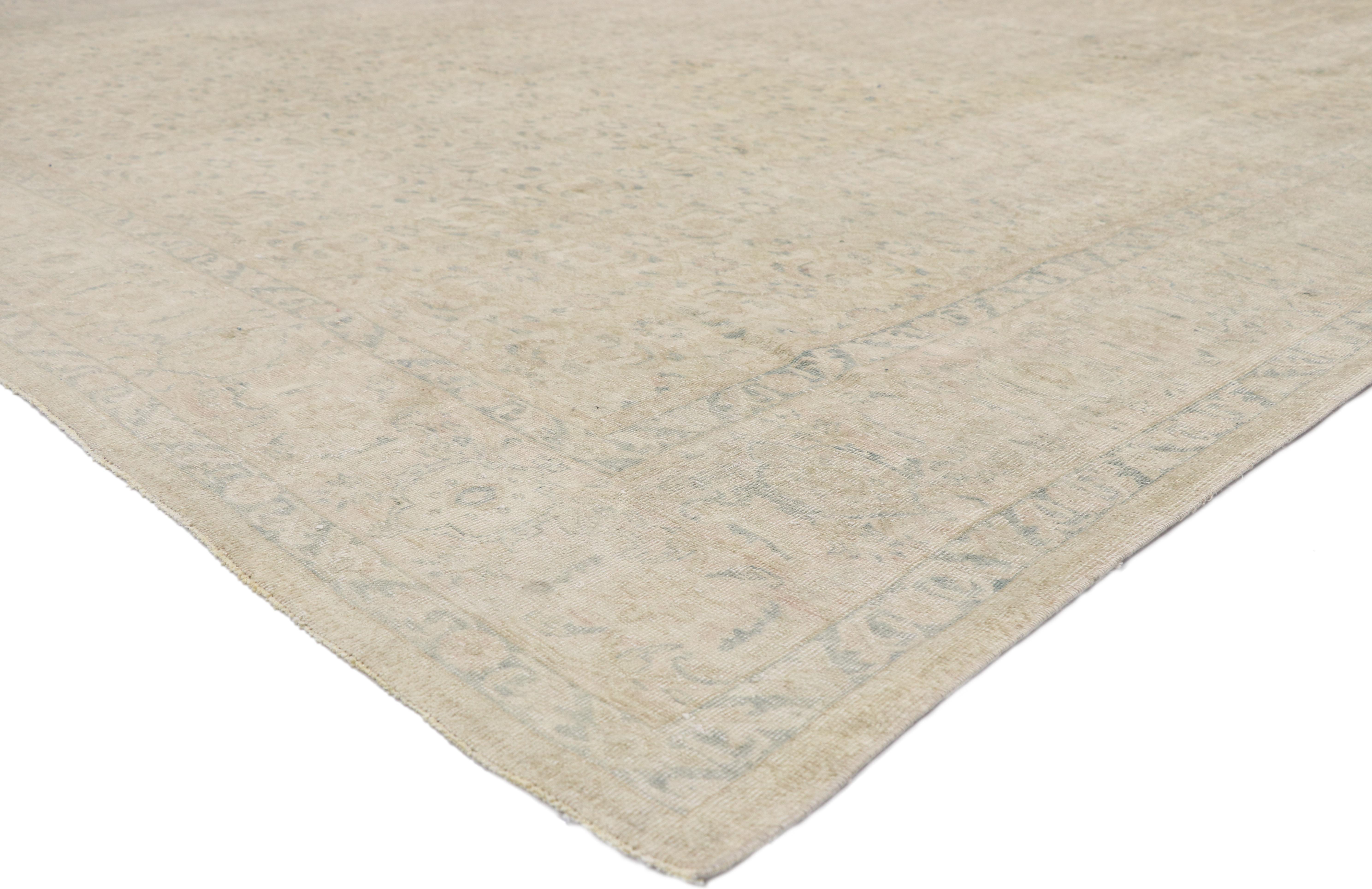 52663, distressed vintage Turkish Sivas rug with modern rustic Cotswold Cottage style. With its soft, subtle hues and cozy simplicity, this hand knotted wool distressed vintage Turkish Sivas rug charms with ease and beautifully embodies Cotswold