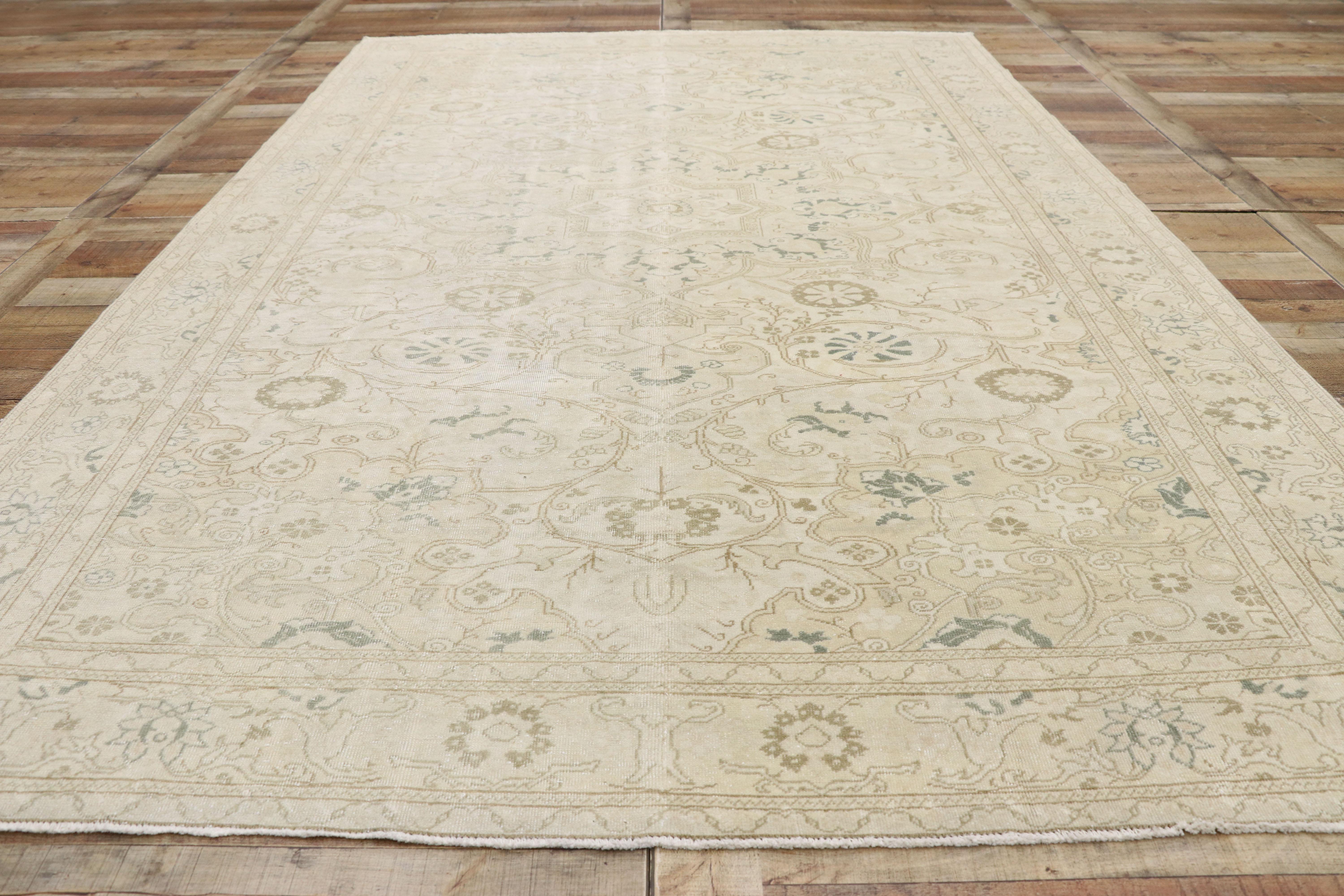 Wool Distressed Vintage Turkish Sivas Rug with Modern Rustic Cotswold Cottage Style