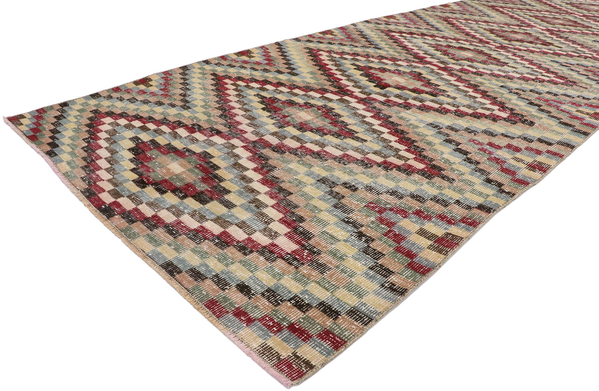 Mid-Century Modern Distressed Vintage Turkish Sivas Rug with Modern Rustic Cubism Style For Sale