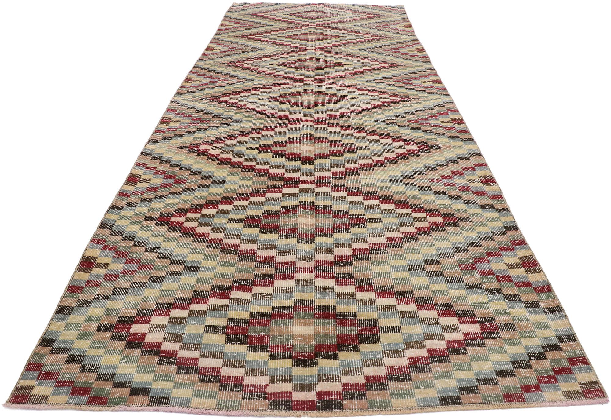 Hand-Knotted Distressed Vintage Turkish Sivas Rug with Modern Rustic Cubism Style For Sale