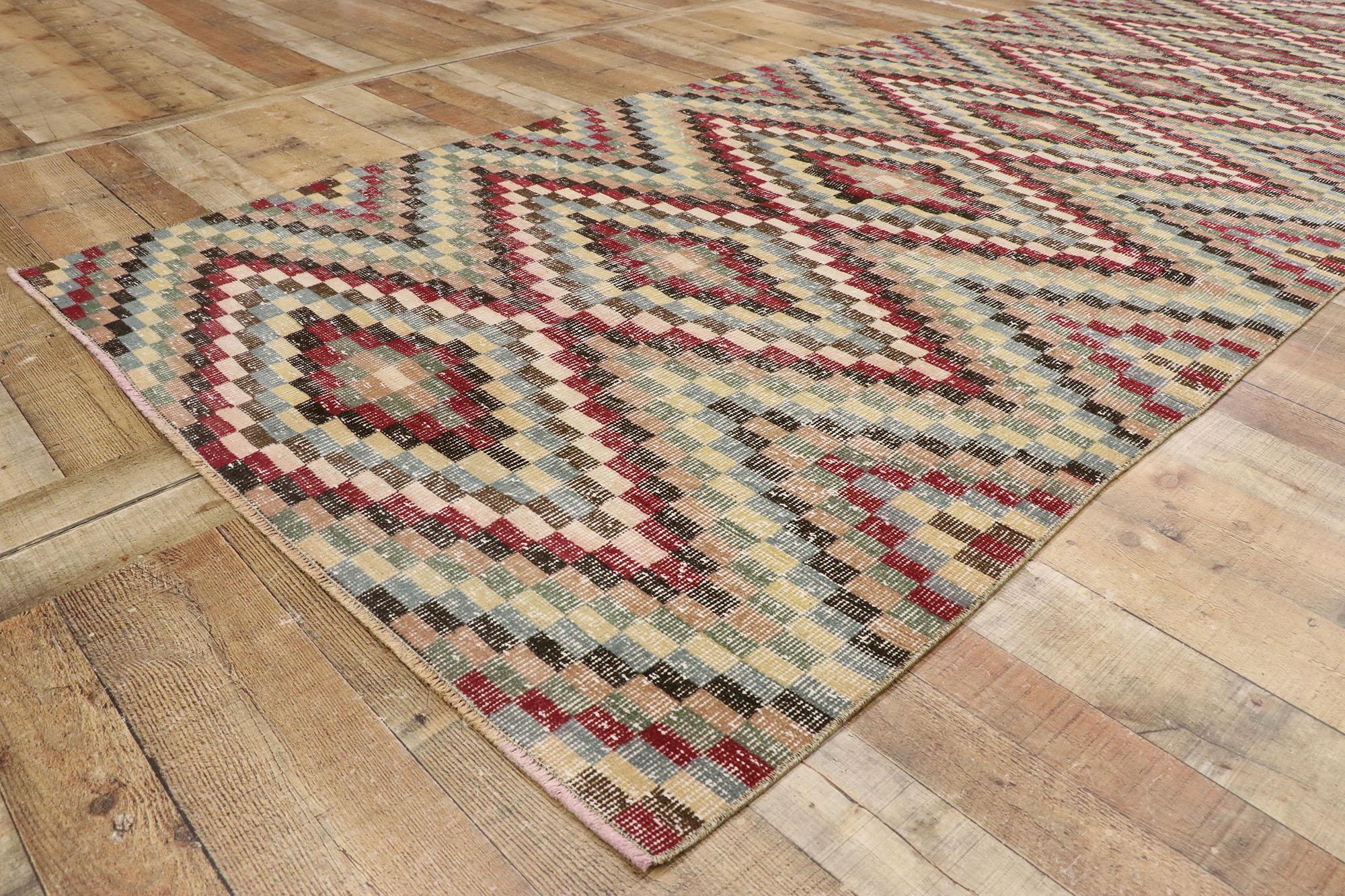 Wool Distressed Vintage Turkish Sivas Rug with Modern Rustic Cubism Style For Sale