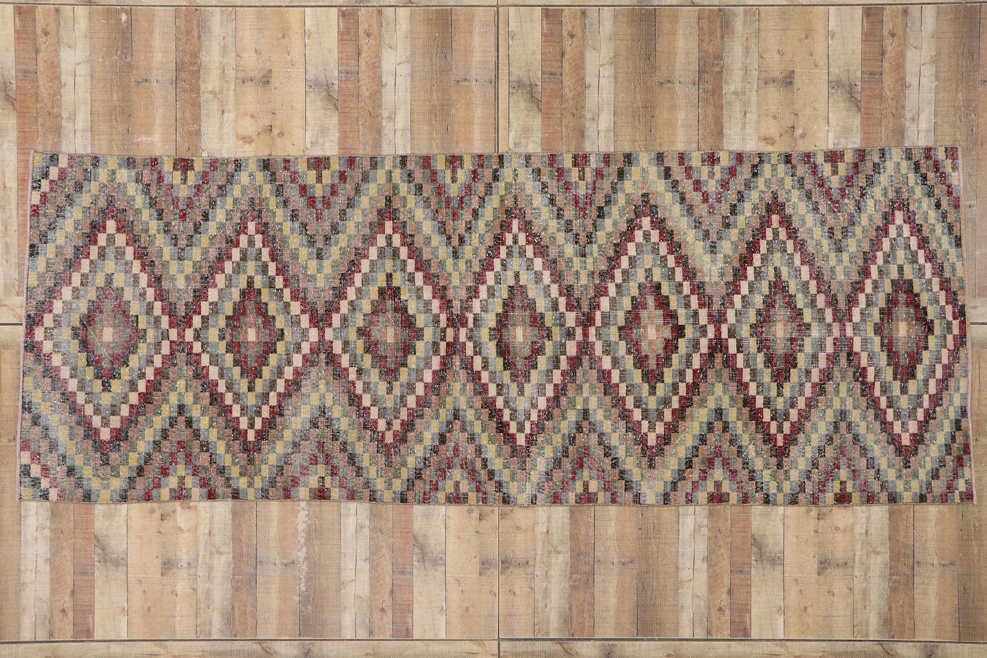 Distressed Vintage Turkish Sivas Rug with Modern Rustic Cubism Style For Sale 2