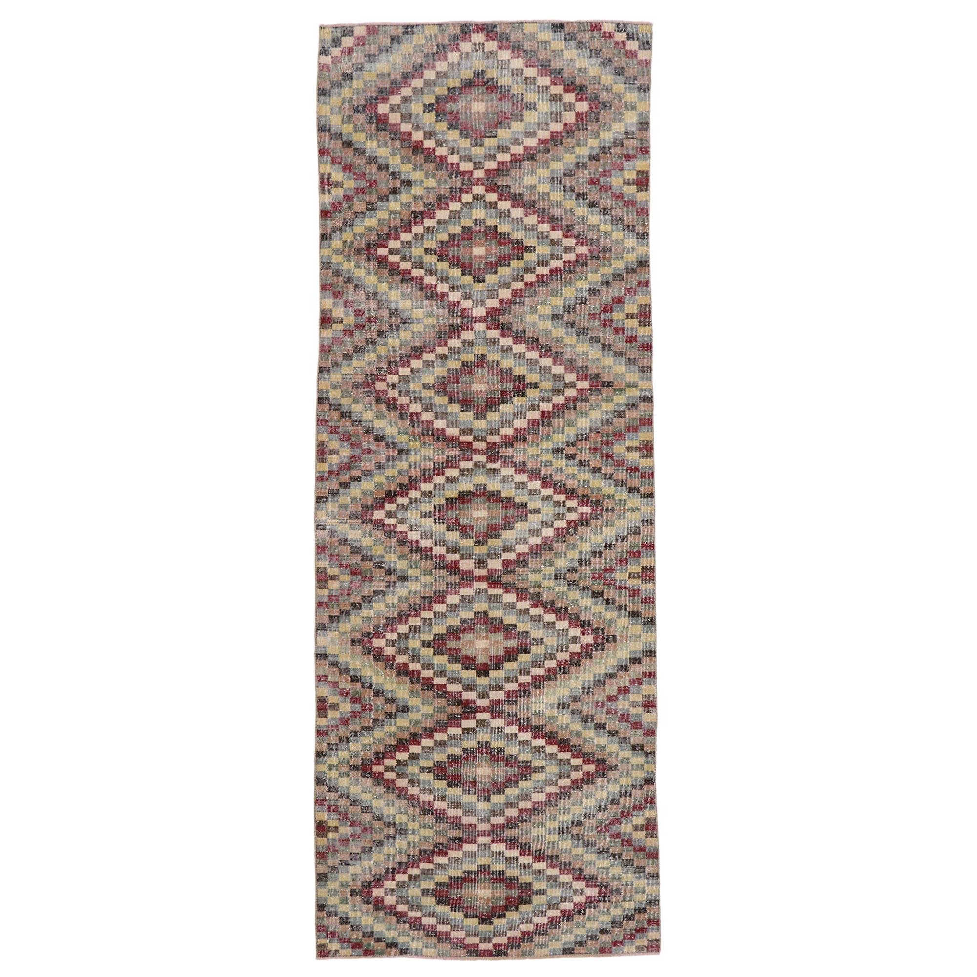 Distressed Vintage Turkish Sivas Rug with Modern Rustic Cubism Style For Sale