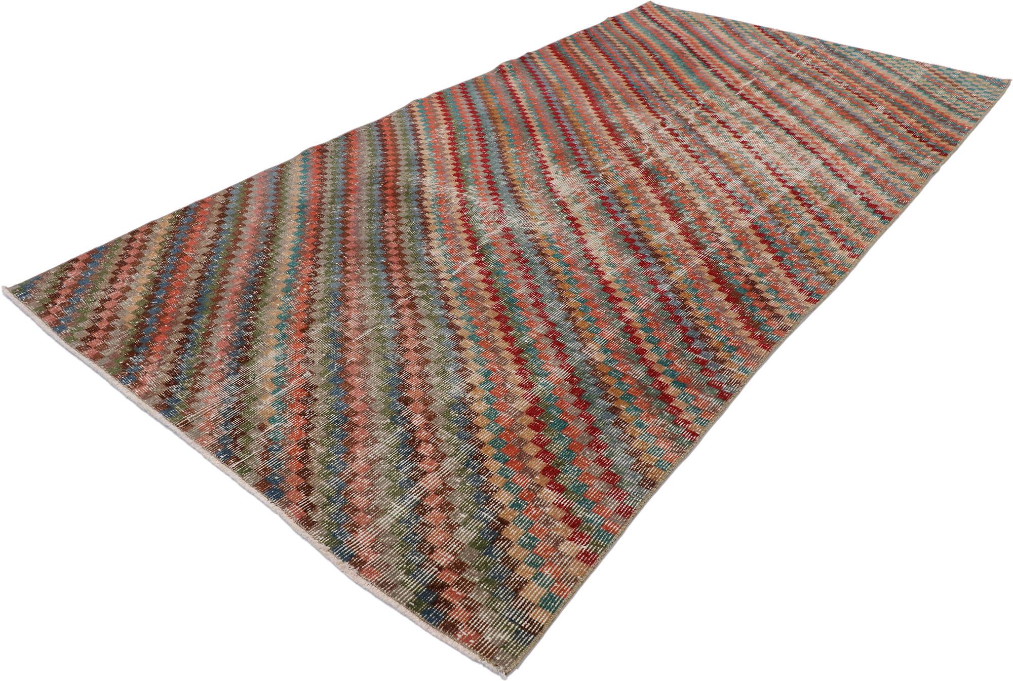 53298, distressed vintage Turkish Sivas rug with modern rustic cubist style. Warm and inviting with rustic sensibility. this hand knotted wool distressed vintage Turkish Sivas rug features an all-over checkered diagonal stripe pattern comprised of