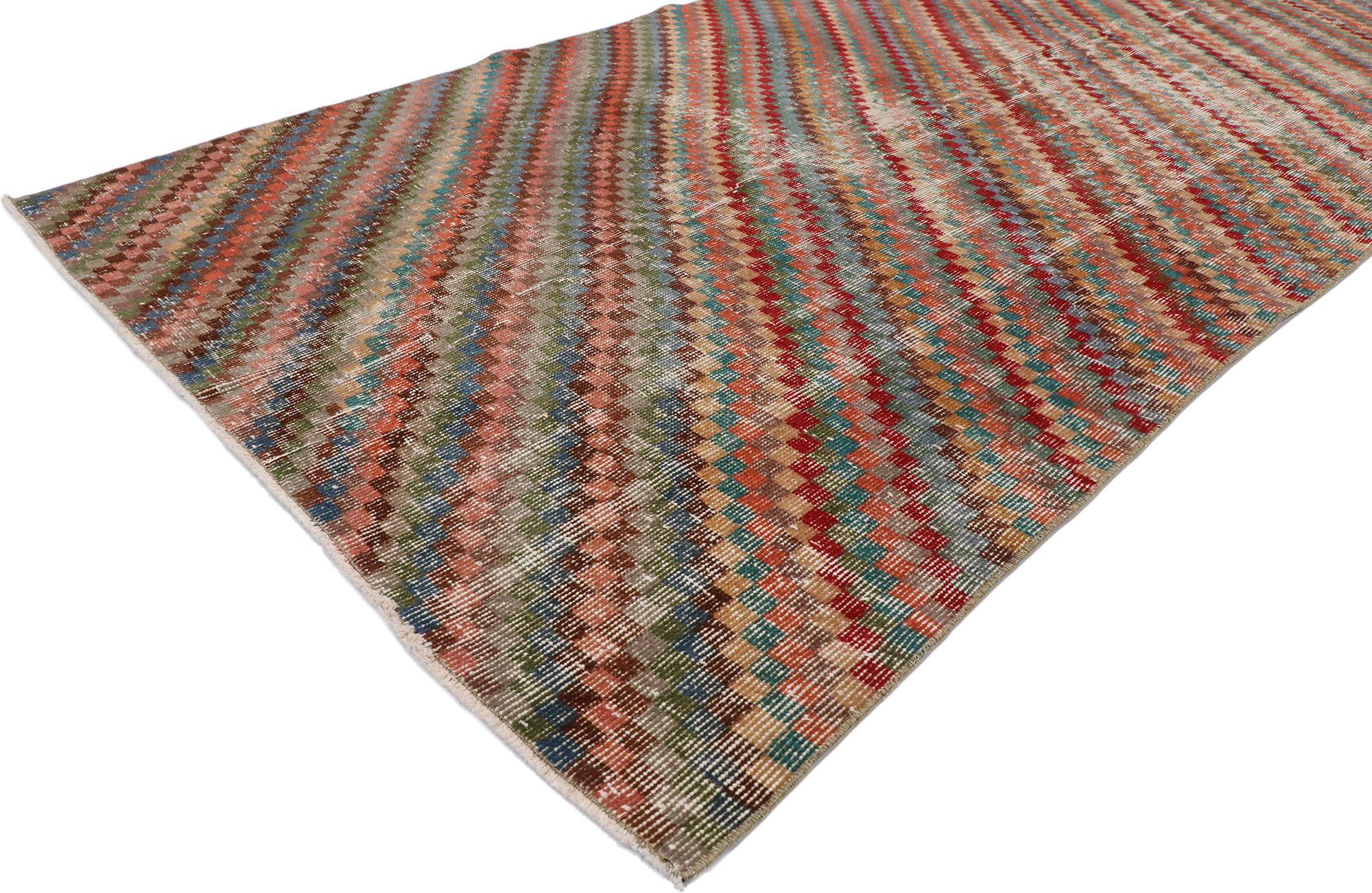 Mid-Century Modern Distressed Vintage Turkish Sivas Rug with Modern Rustic Cubist Style For Sale