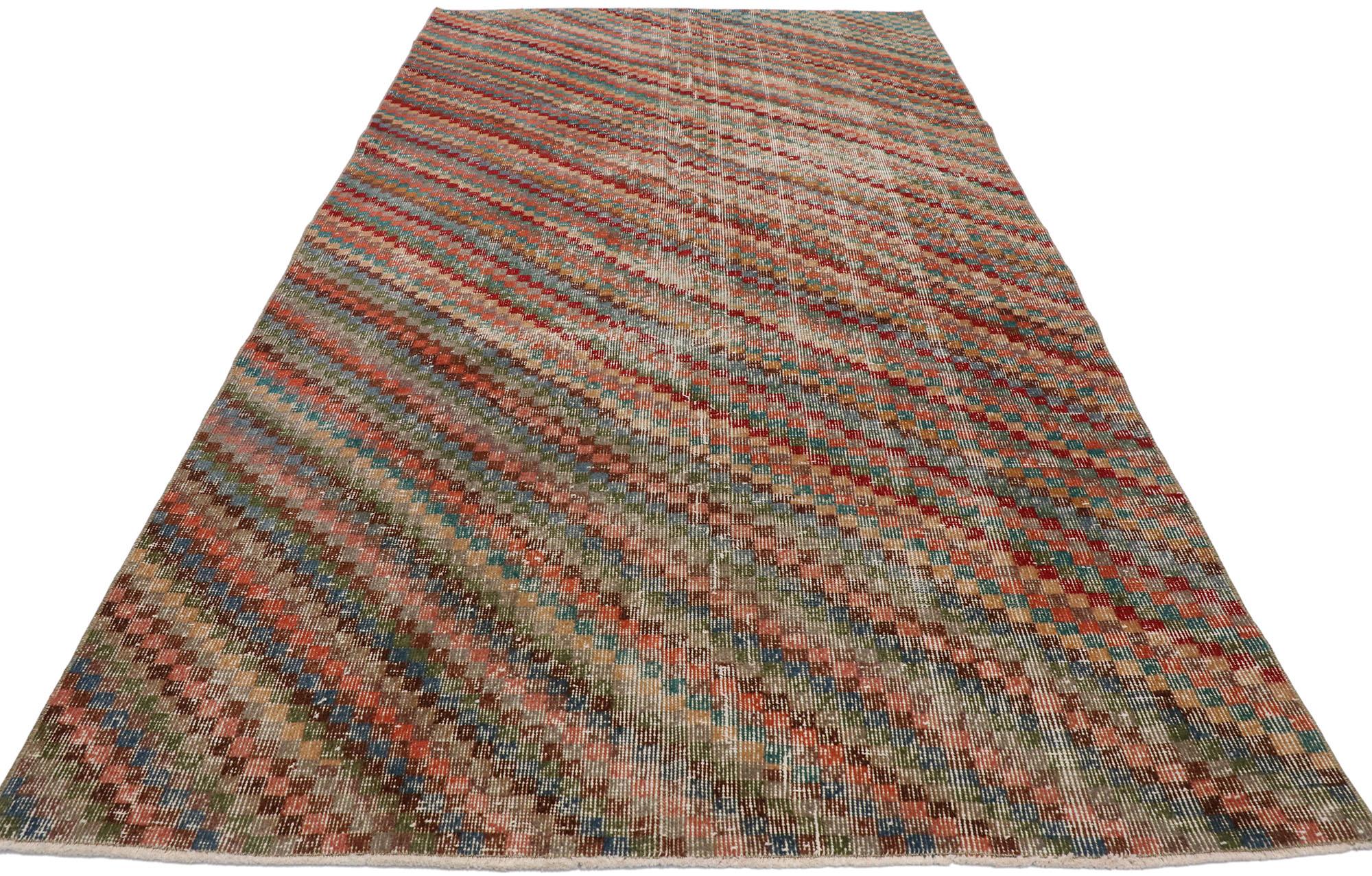 Hand-Knotted Distressed Vintage Turkish Sivas Rug with Modern Rustic Cubist Style For Sale