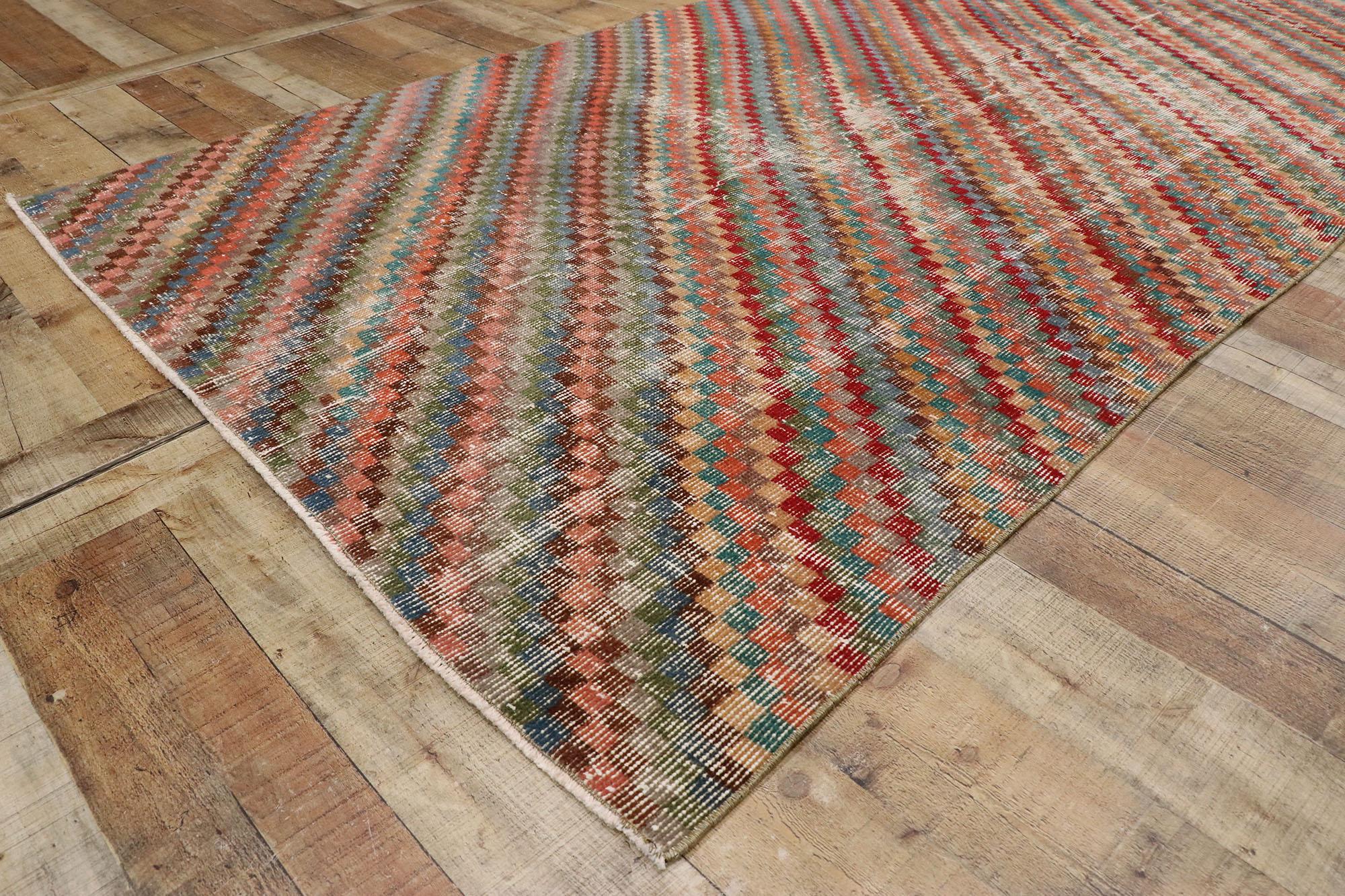 Wool Distressed Vintage Turkish Sivas Rug with Modern Rustic Cubist Style For Sale