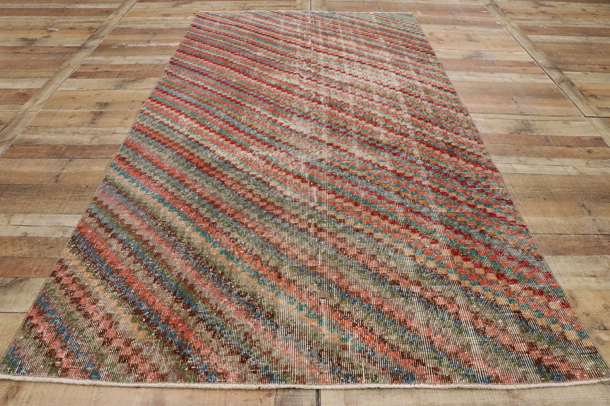 Distressed Vintage Turkish Sivas Rug with Modern Rustic Cubist Style For Sale 1