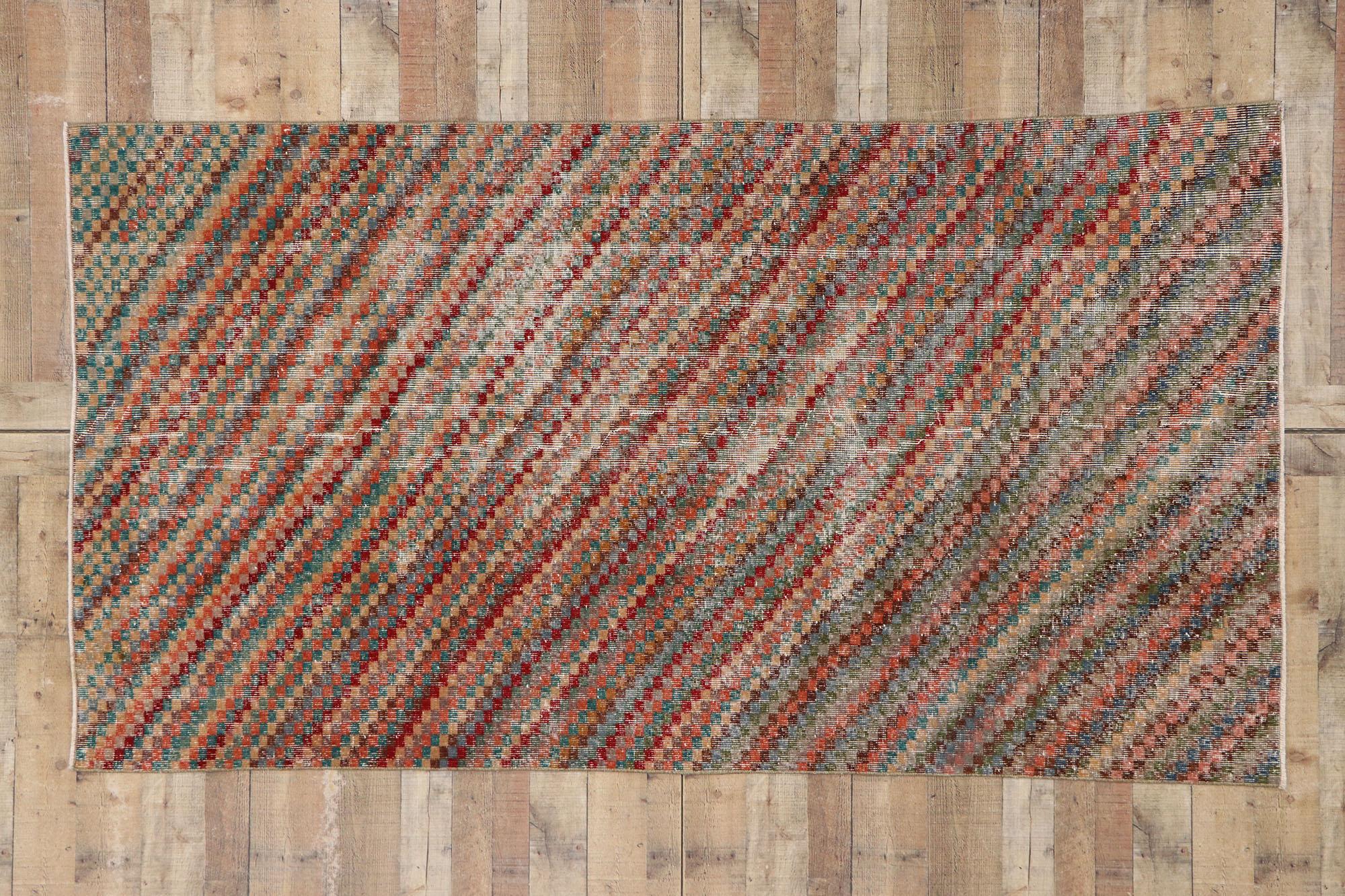 Distressed Vintage Turkish Sivas Rug with Modern Rustic Cubist Style For Sale 2
