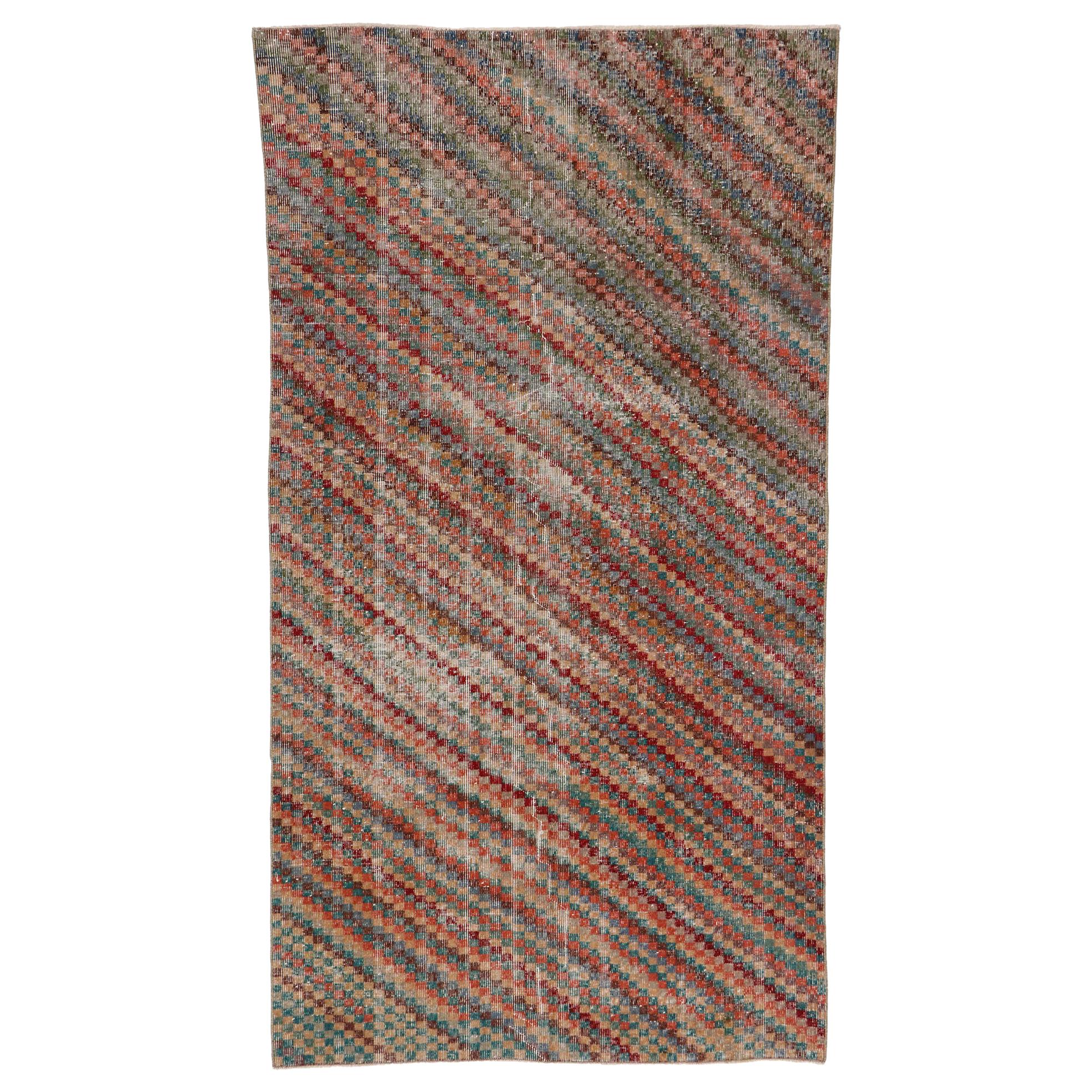 Distressed Vintage Turkish Sivas Rug with Modern Rustic Cubist Style For Sale