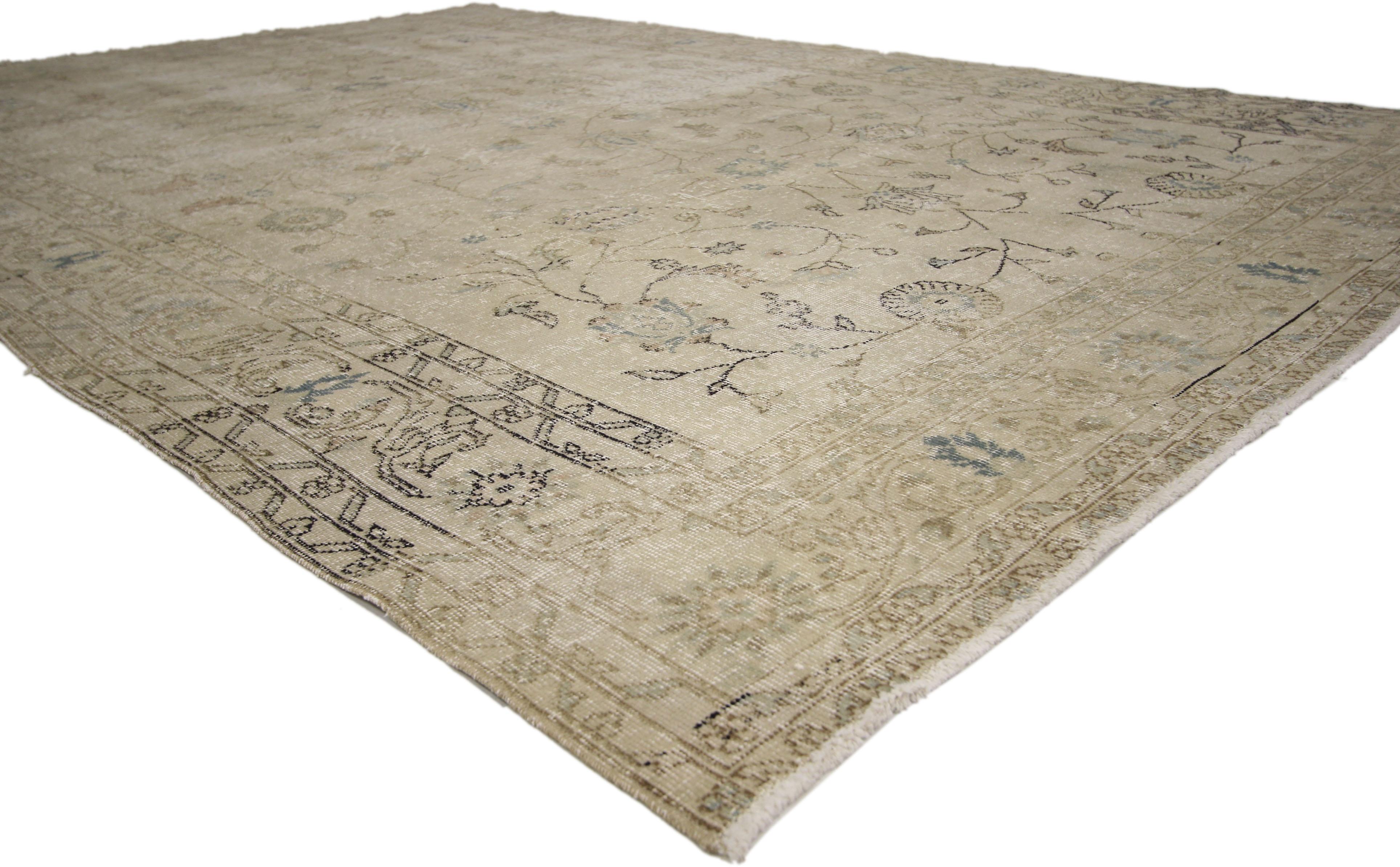 51160, distressed vintage Turkish Sivas rug with modern style. Displaying a simplistic style and subtle color palette, this distressed vintage Turkish Sivas rug can make an interior space feel both comfortable and modern yet, full of character.