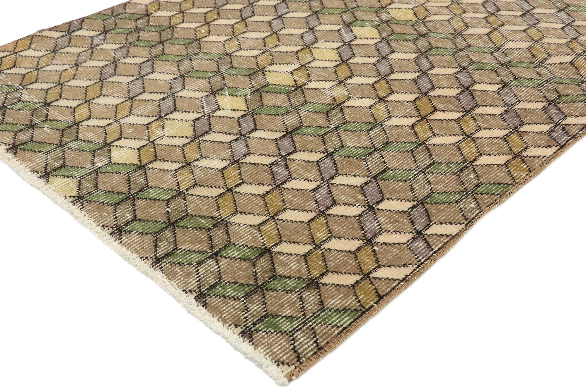 51894, distressed vintage Turkish Sivas rug with Modernist Bauhaus Industrial style. This hand knotted wool distressed vintage Sivas rug features a geometric all-over diamond lattice pattern overlaid across an abrashed field. The latticework is