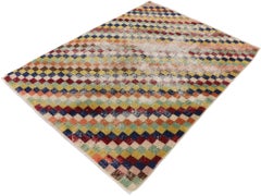 Distressed Vintage Turkish Sivas Rug with Postmodern Cubist Style