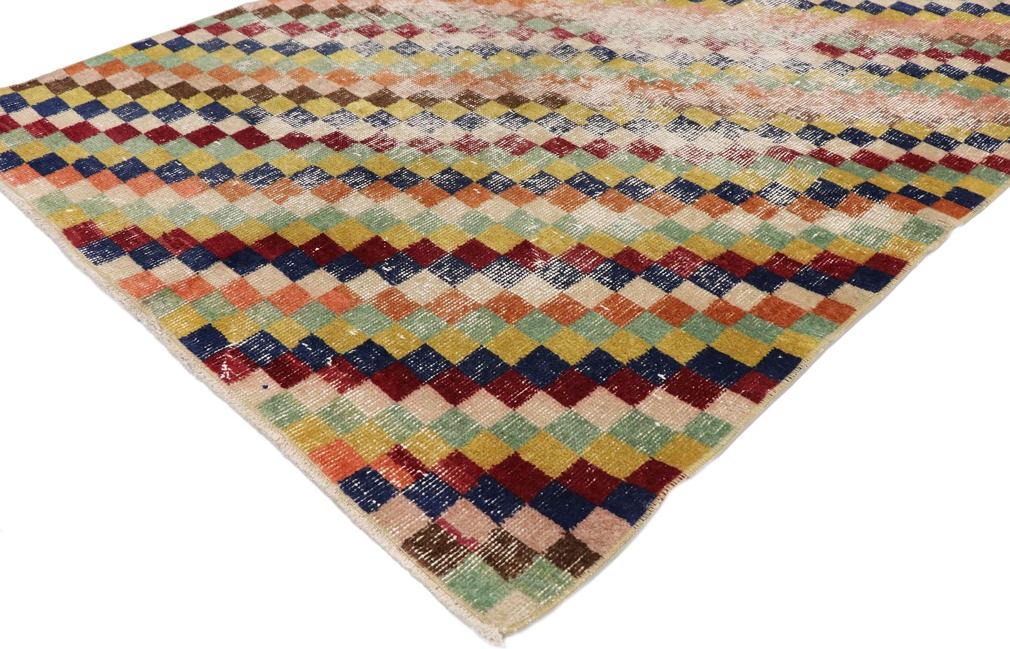 Post-Modern Distressed Vintage Turkish Sivas Rug with Postmodern Cubist Style For Sale