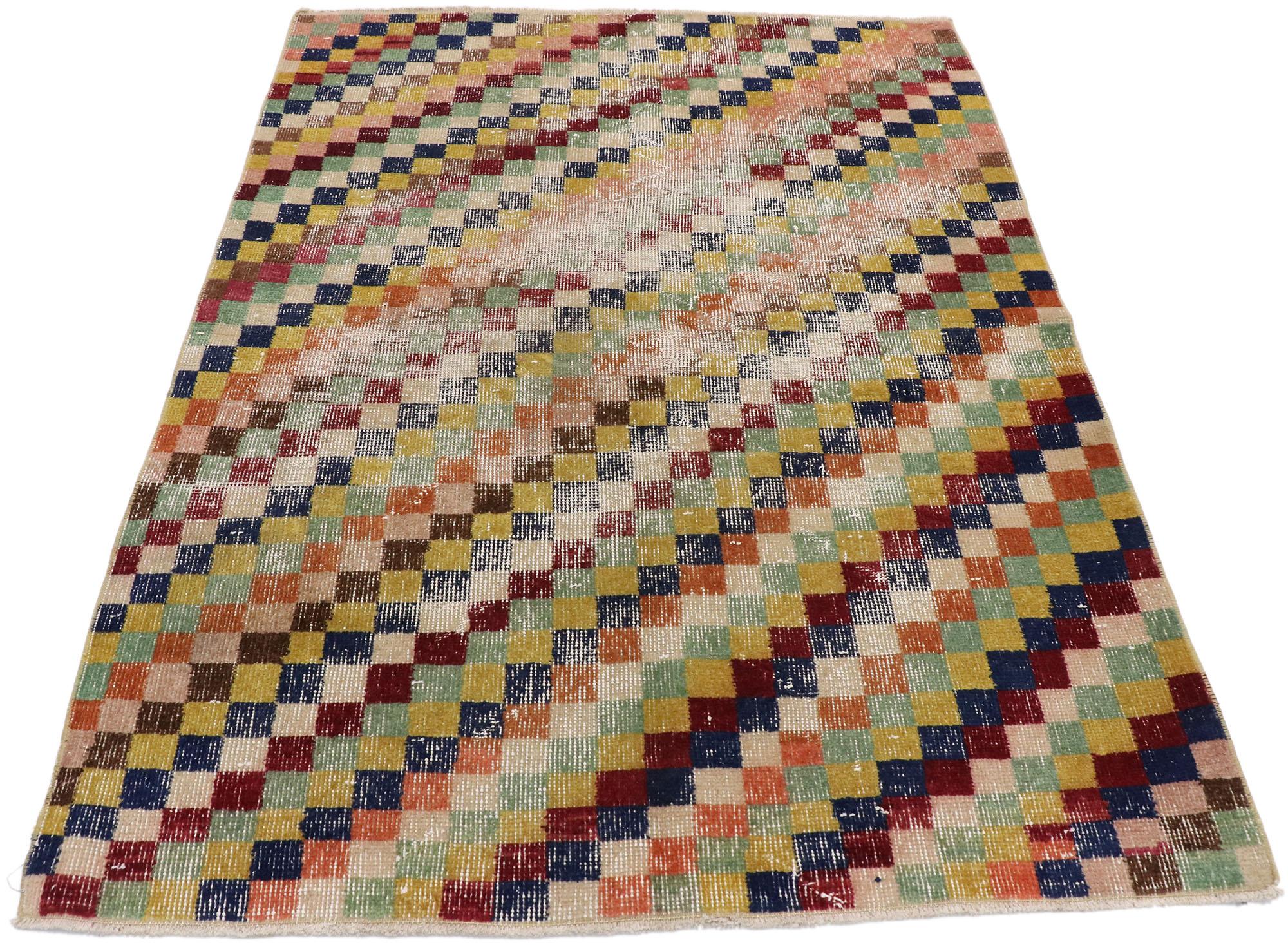 20th Century Distressed Vintage Turkish Sivas Rug with Postmodern Cubist Style For Sale
