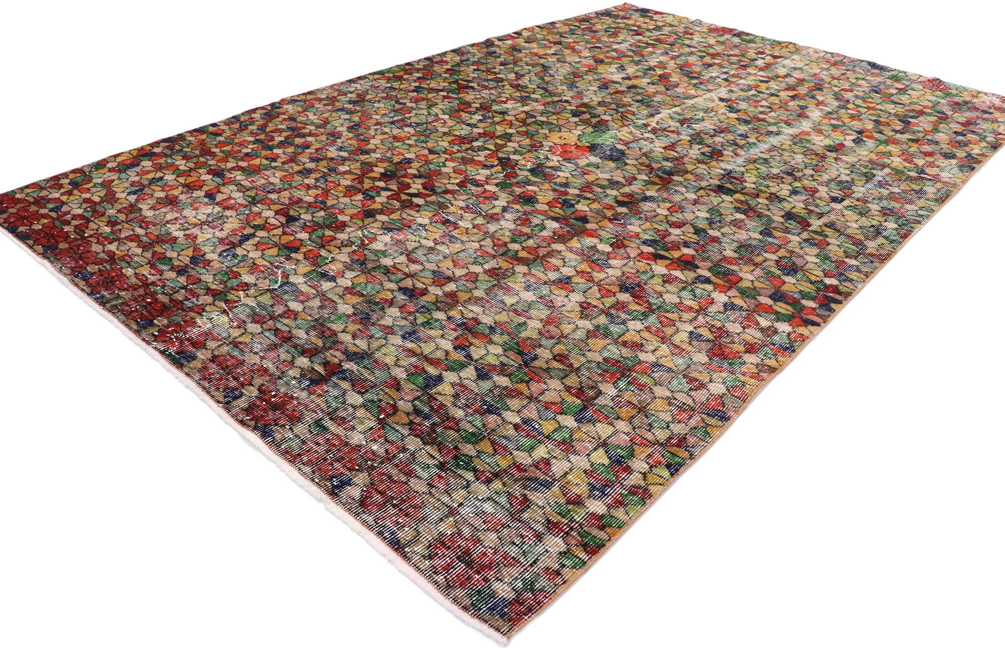 53331, Distressed Vintage Turkish Sivas Rug with Postmodern Romantic Style. This hand knotted wool distressed vintage Turkish Sivas rug features a polychromatic all-over floral pattern. A bouquet of four large blossoms in the center of the