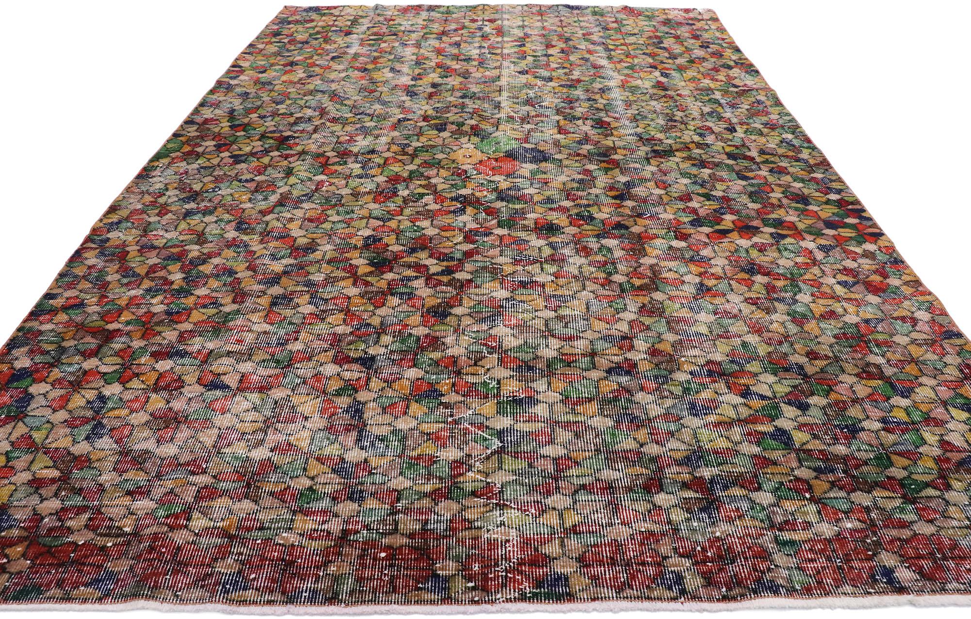 Hand-Knotted Distressed Vintage Turkish Sivas Rug with Postmodern Romantic Style For Sale