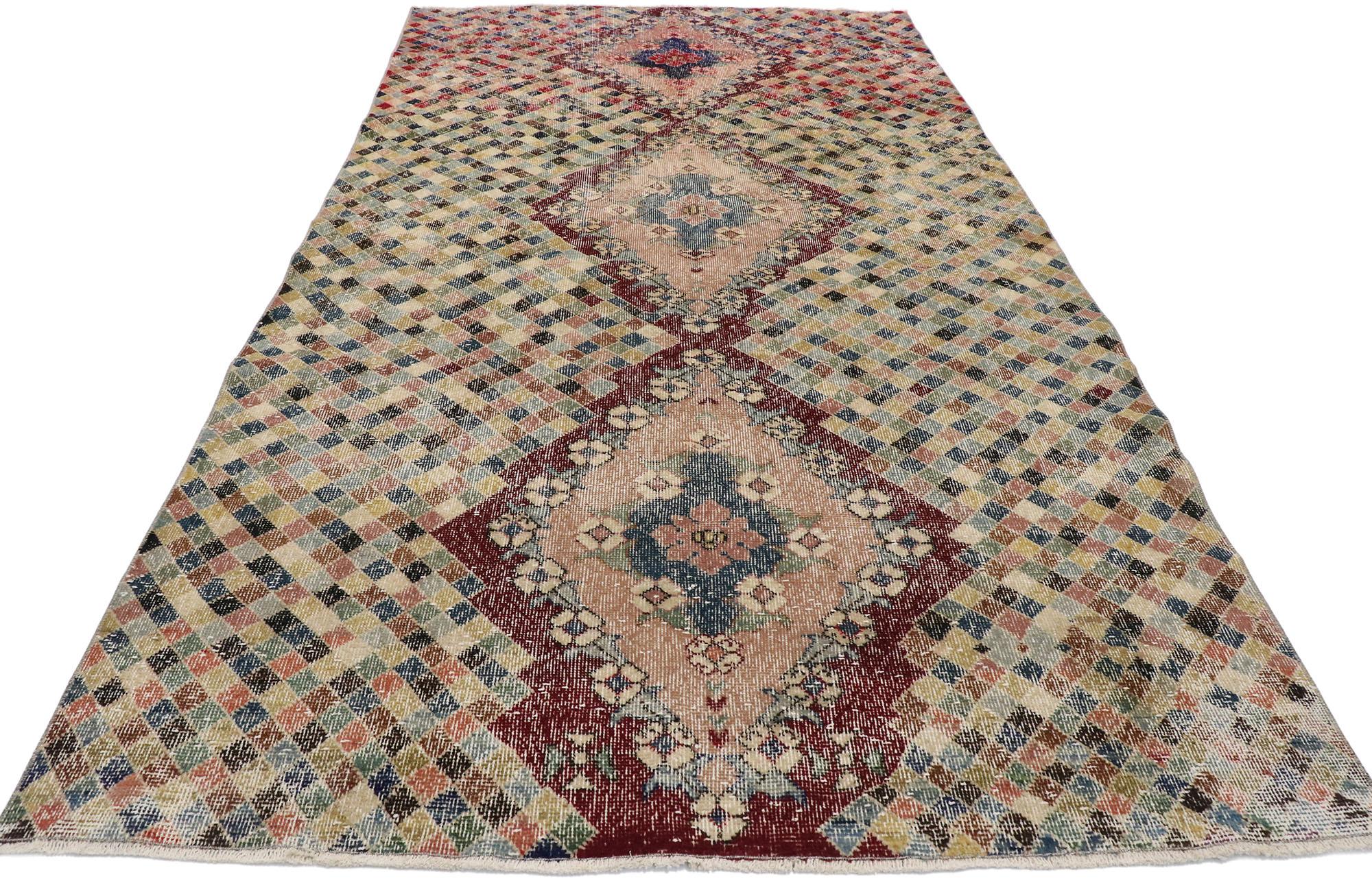 Hand-Knotted Distressed Vintage Turkish Sivas Rug with Romantic Cubist Style For Sale