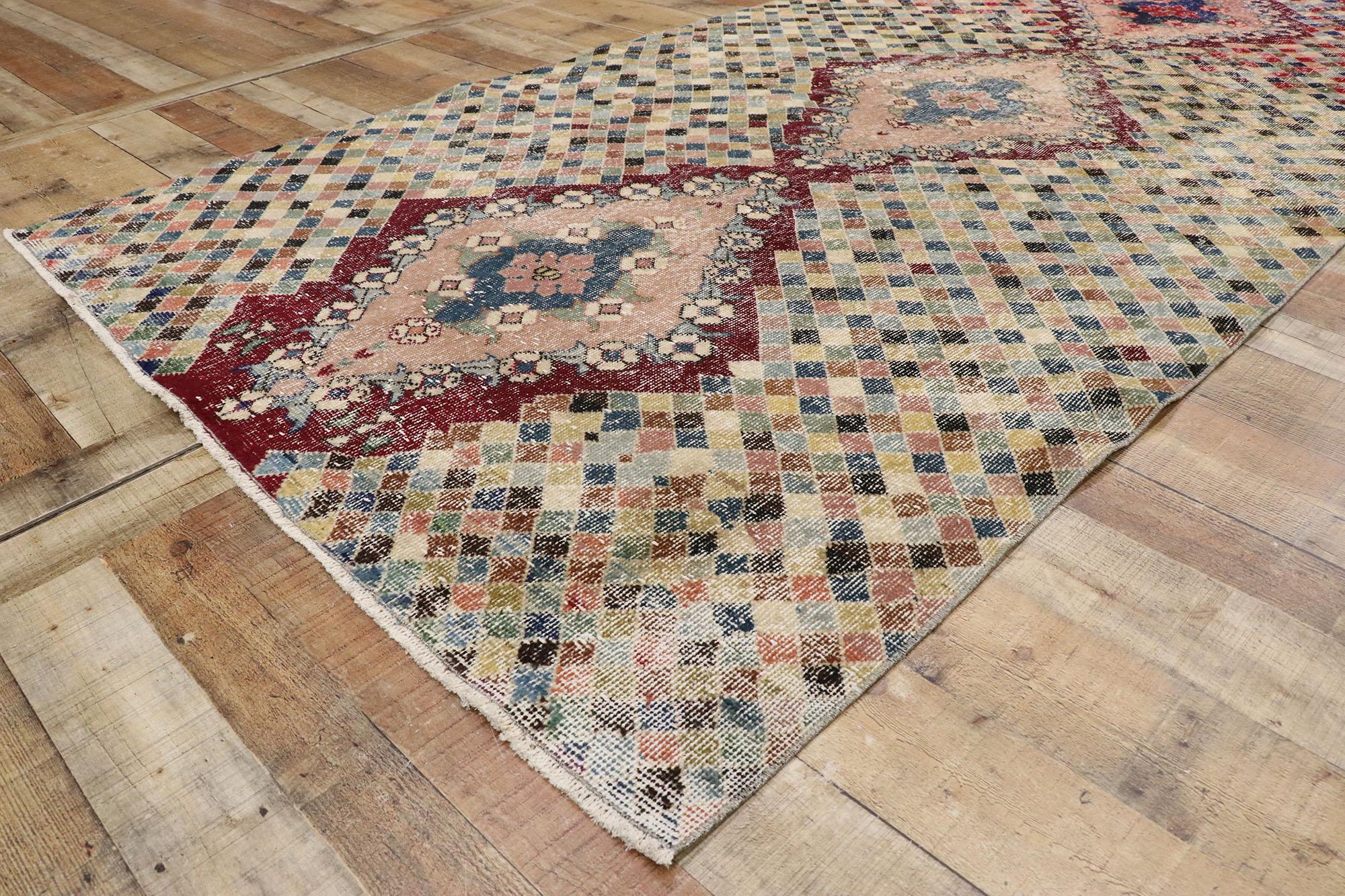 Wool Distressed Vintage Turkish Sivas Rug with Romantic Cubist Style For Sale