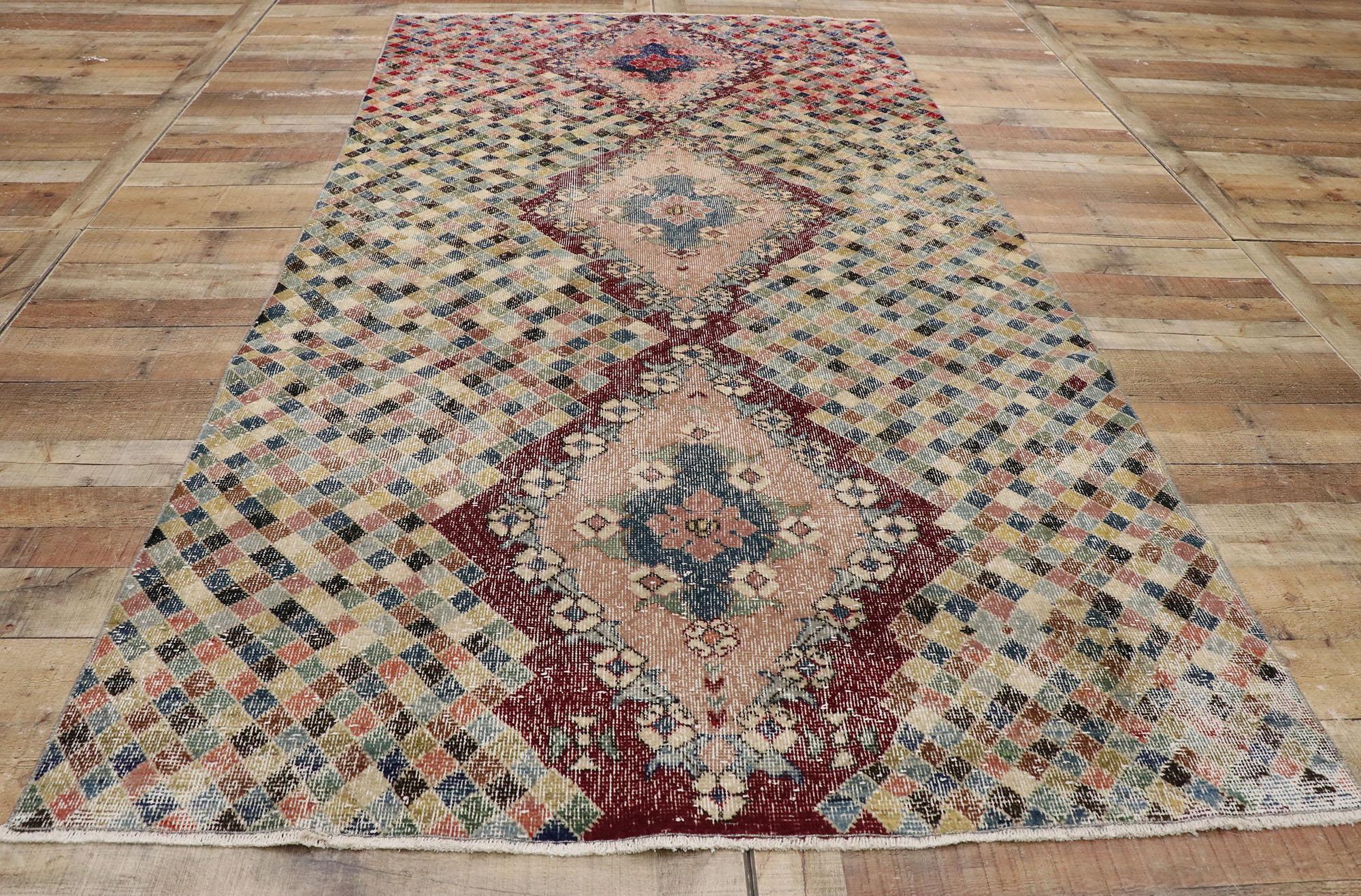 Distressed Vintage Turkish Sivas Rug with Romantic Cubist Style For Sale 1