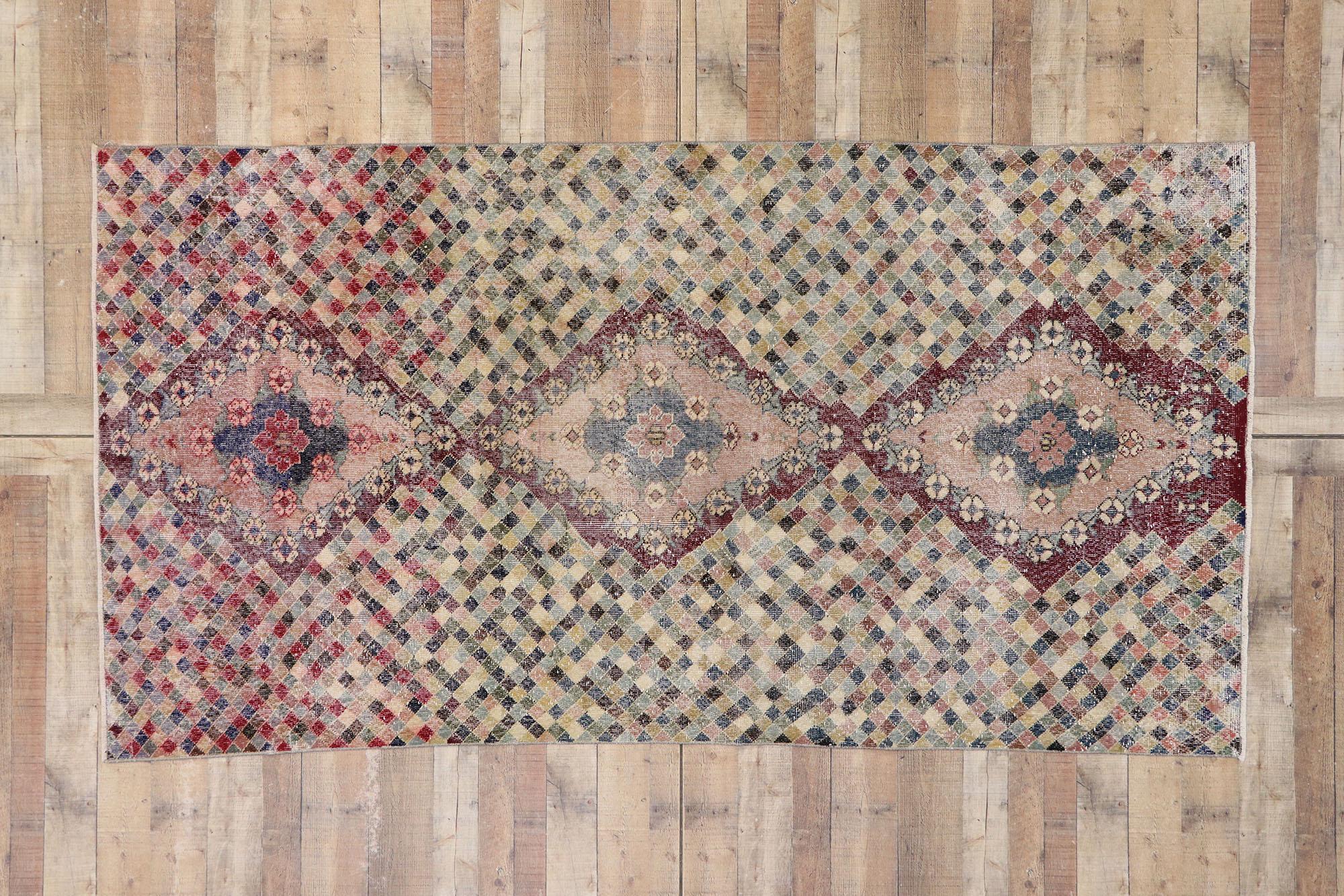 Distressed Vintage Turkish Sivas Rug with Romantic Cubist Style For Sale 2