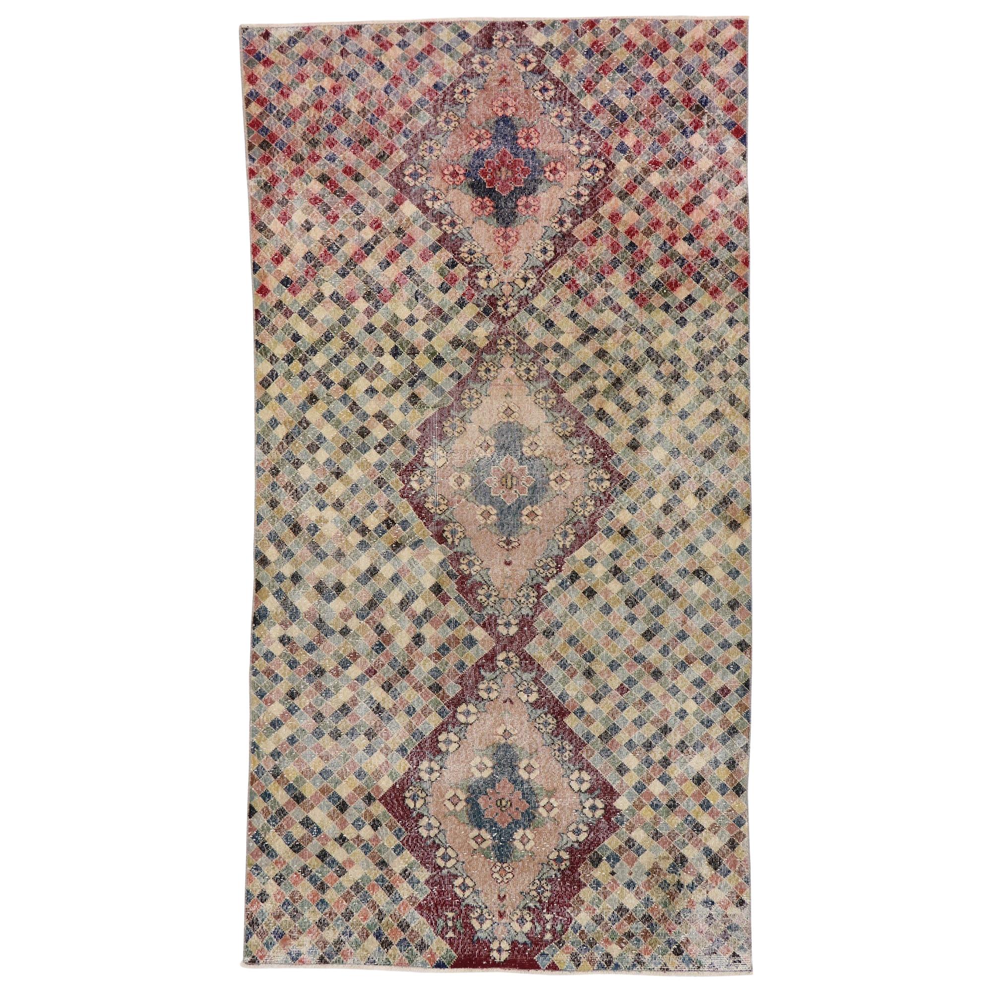 Distressed Vintage Turkish Sivas Rug with Romantic Cubist Style For Sale