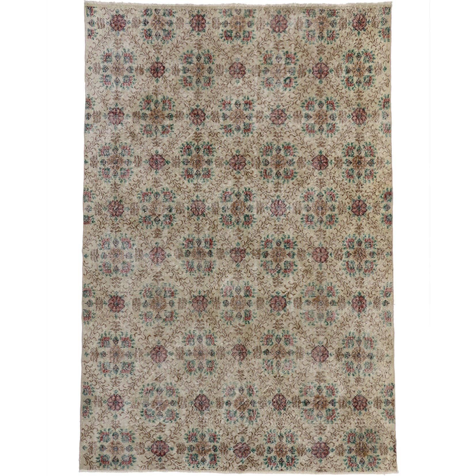 Distressed Vintage Turkish Sivas Rug with Romantic English Cottage Style