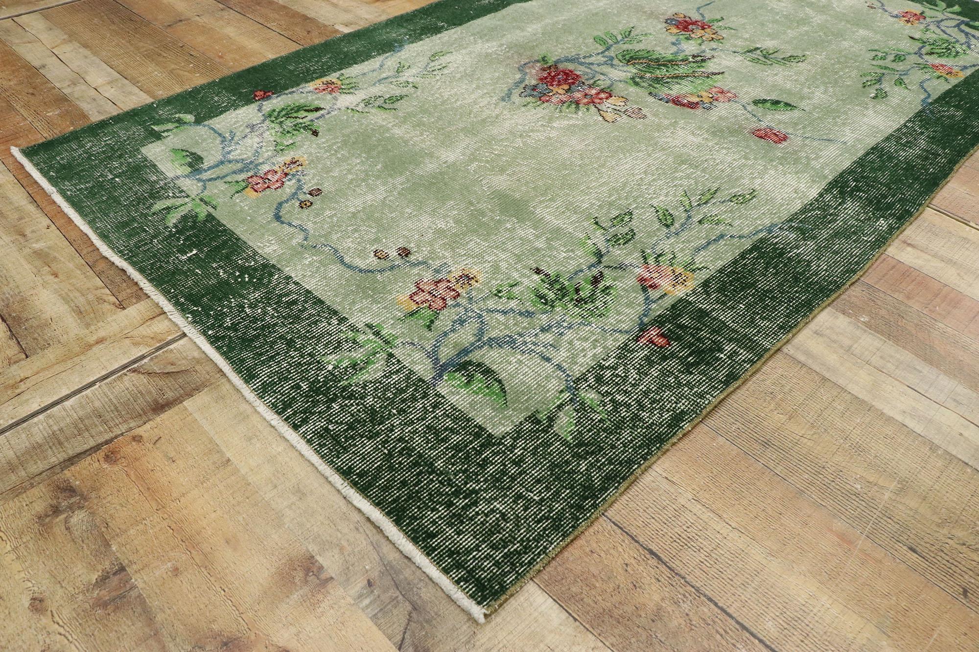 Distressed Vintage Turkish Sivas Rug with Romantic Hollywood Regency Style For Sale 1