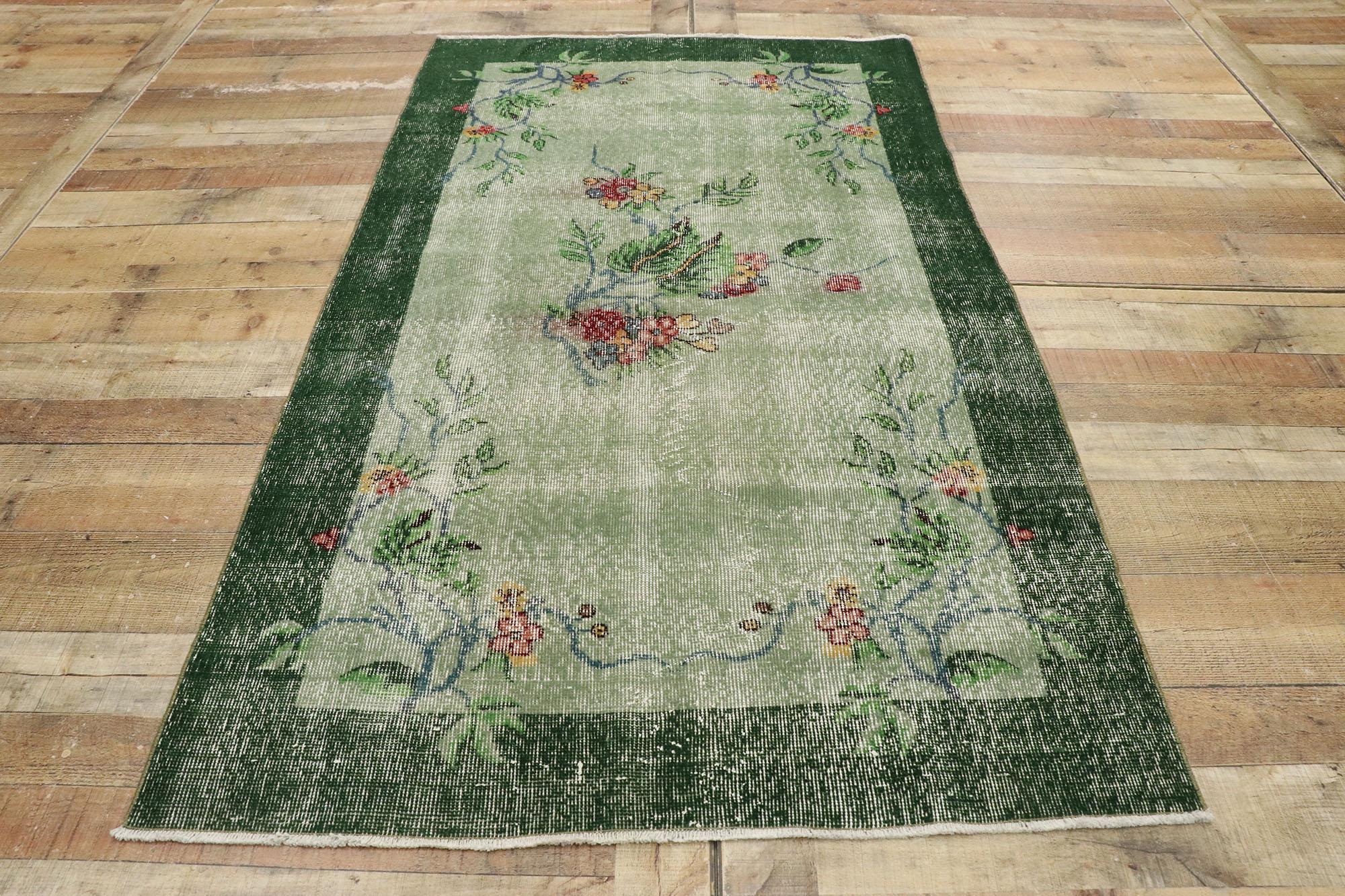 Distressed Vintage Turkish Sivas Rug with Romantic Hollywood Regency Style For Sale 2