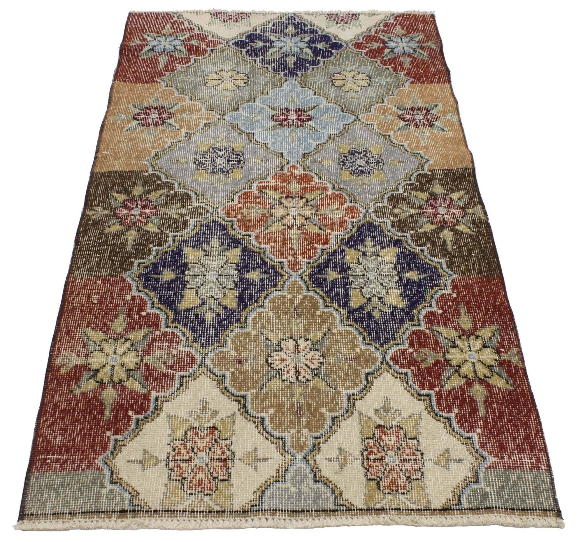 Art Deco Zeki Muren Distressed Vintage Turkish Sivas Rug with Rustic Arts & Crafts Style For Sale