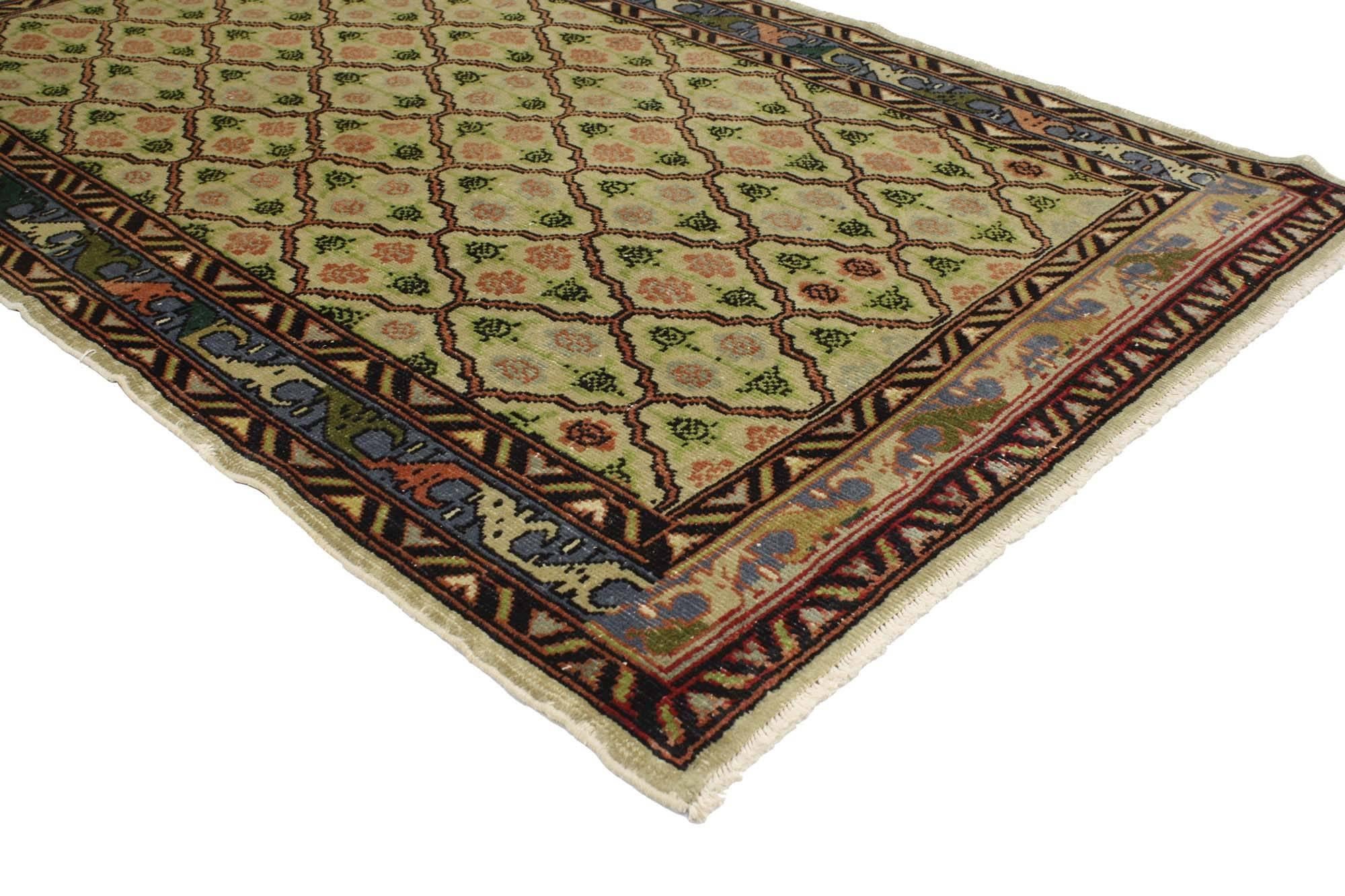 Hand-Knotted Distressed Vintage Turkish Sivas Rug with Romantic Industrial Art Deco Style For Sale