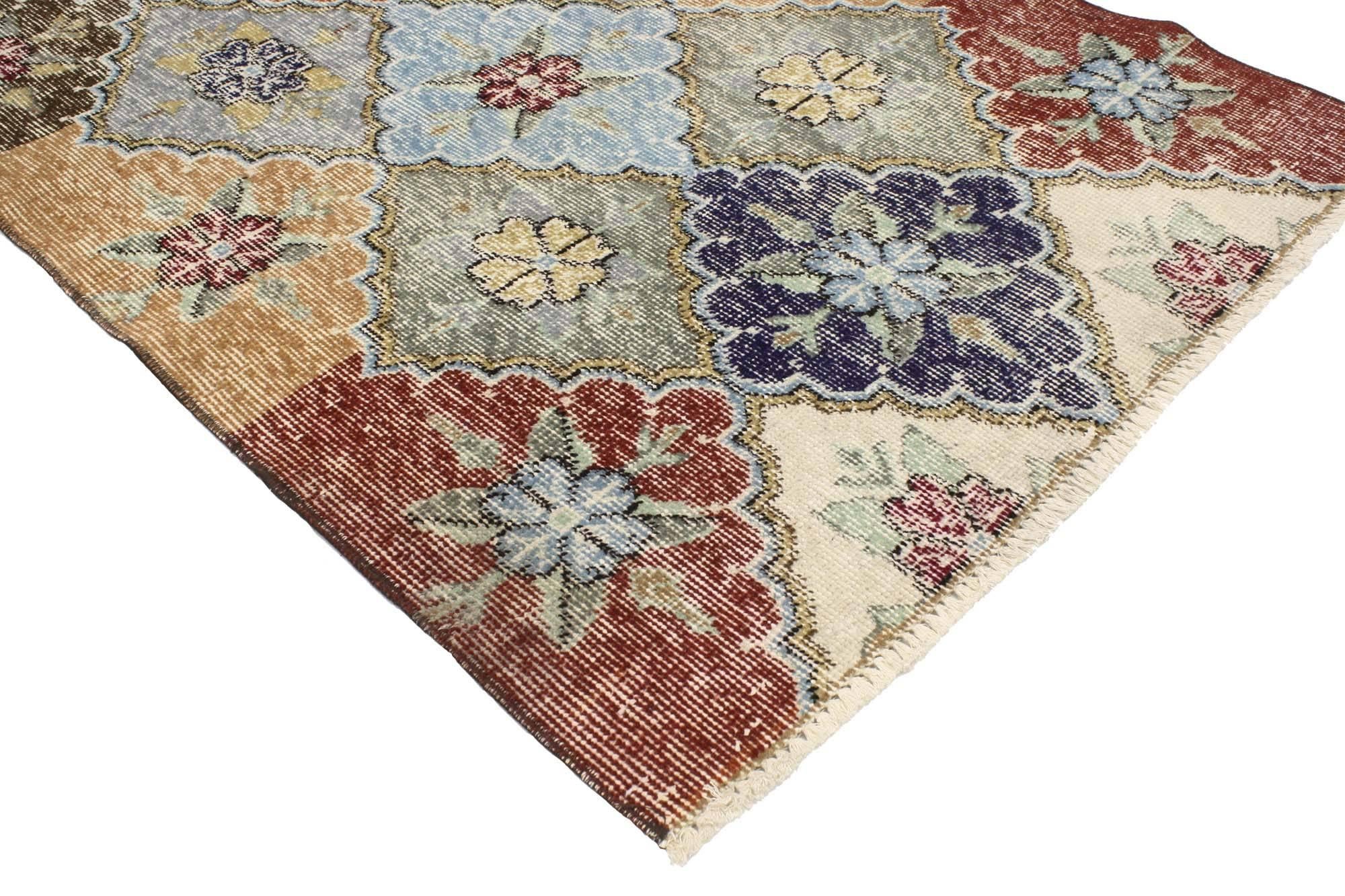 51906 Zeki Muren Distressed Vintage Turkish Sivas Accent Rug with Rustic Arts & Crafts Style 02'09 x 05'07. This hand-knotted wool distressed vintage Sivas rug features a floral lattice pattern composed of scalloped diamonds in alternating colors.