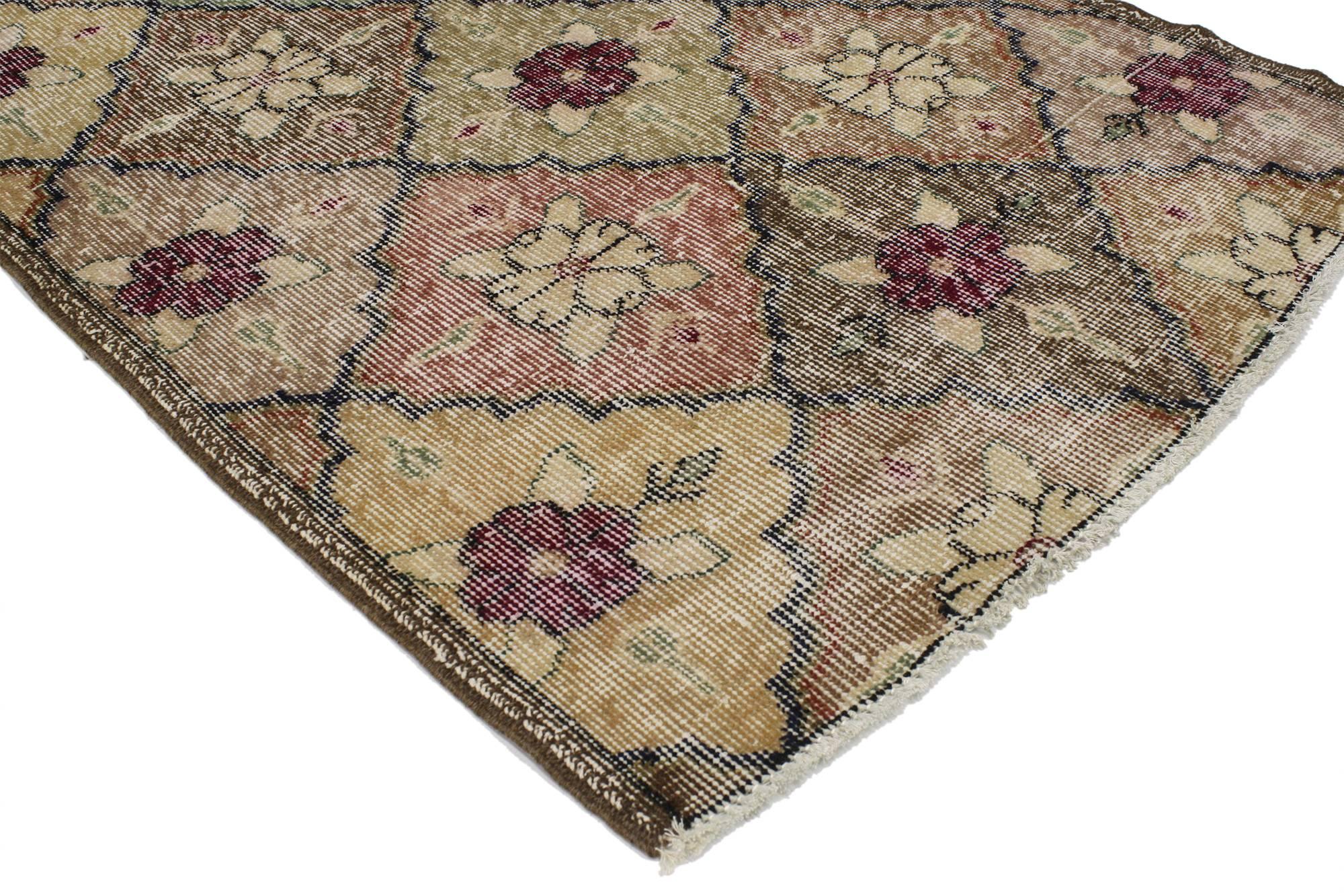 51968 Distressed Vintage Turkish Sivas Runner with Arts & Crafts Cottage Style 02'10 x 06'09. Reflecting elements of nature and Biophilic design, this hand knotted wool distressed vintage Turkish Sivas rug awakens the soul with elevated Arts and