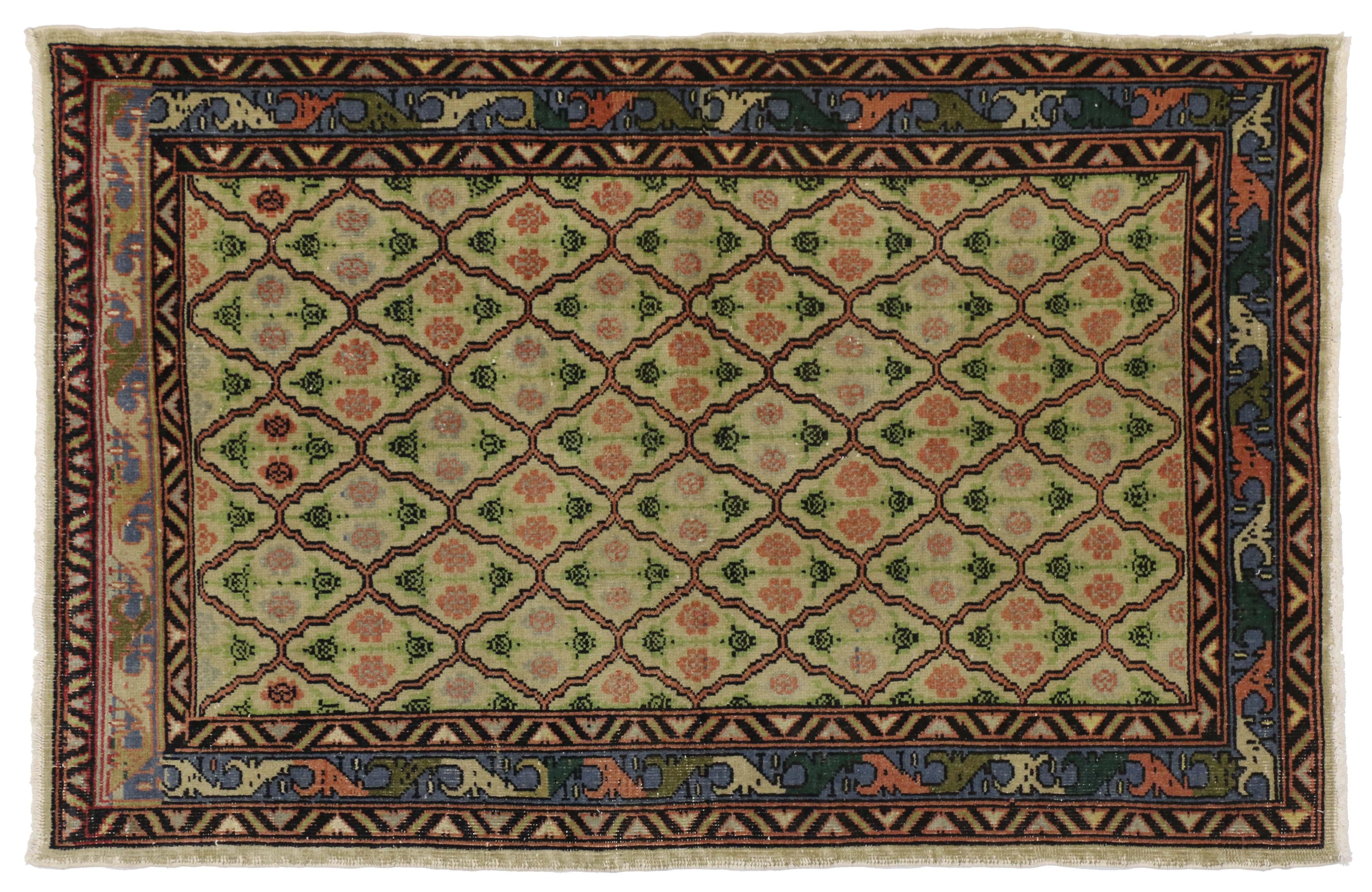 Distressed Vintage Turkish Sivas Rug with Romantic Industrial Art Deco Style In Distressed Condition For Sale In Dallas, TX