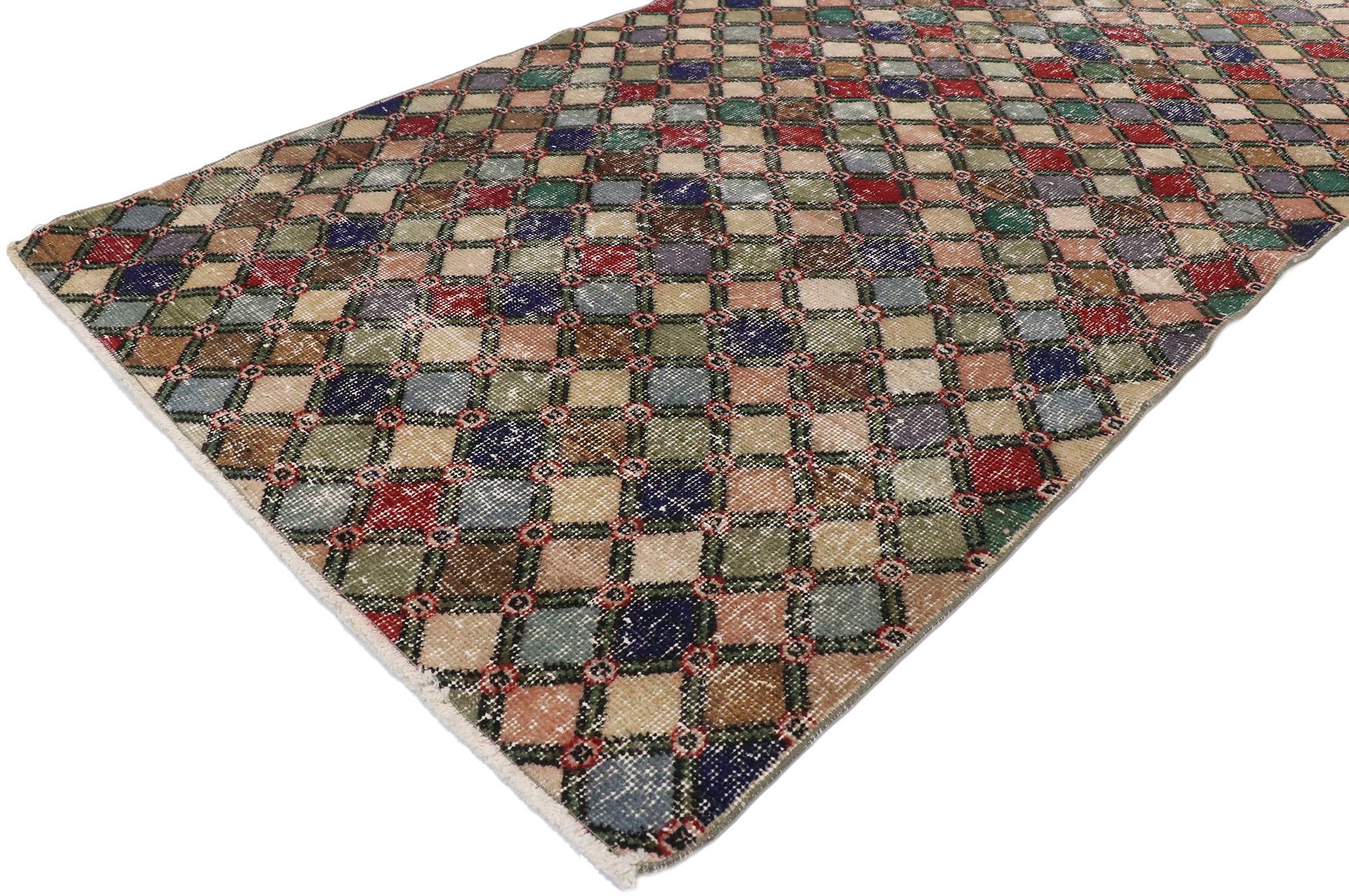 Hand-Knotted Distressed Vintage Turkish Sivas Rug with Romantic Mid-Century Modern Style For Sale