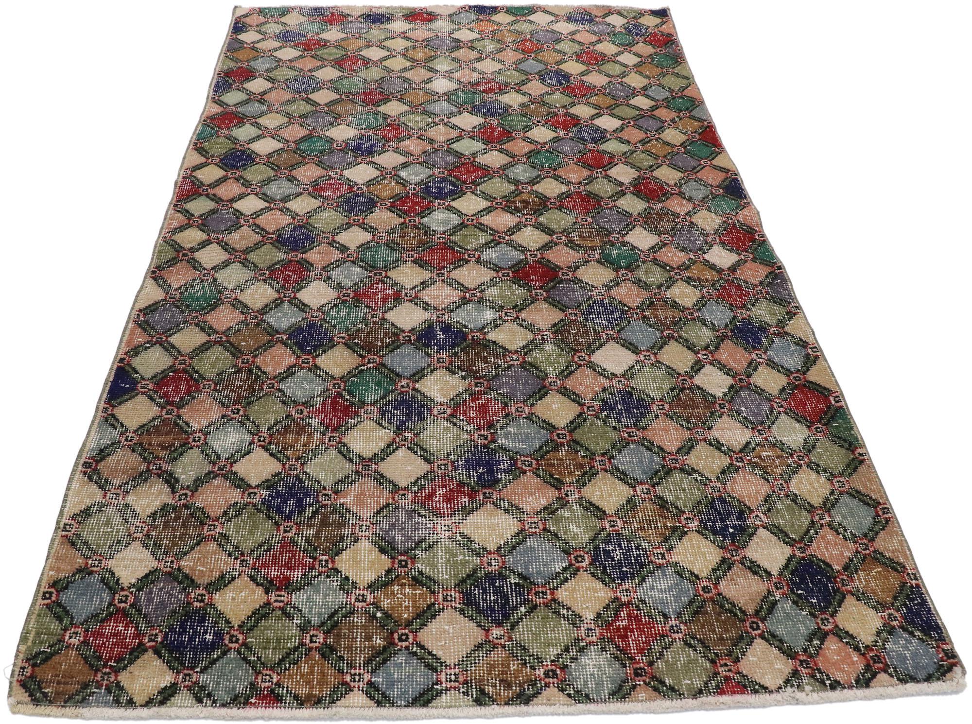 Distressed Vintage Turkish Sivas Rug with Romantic Mid-Century Modern Style In Distressed Condition For Sale In Dallas, TX