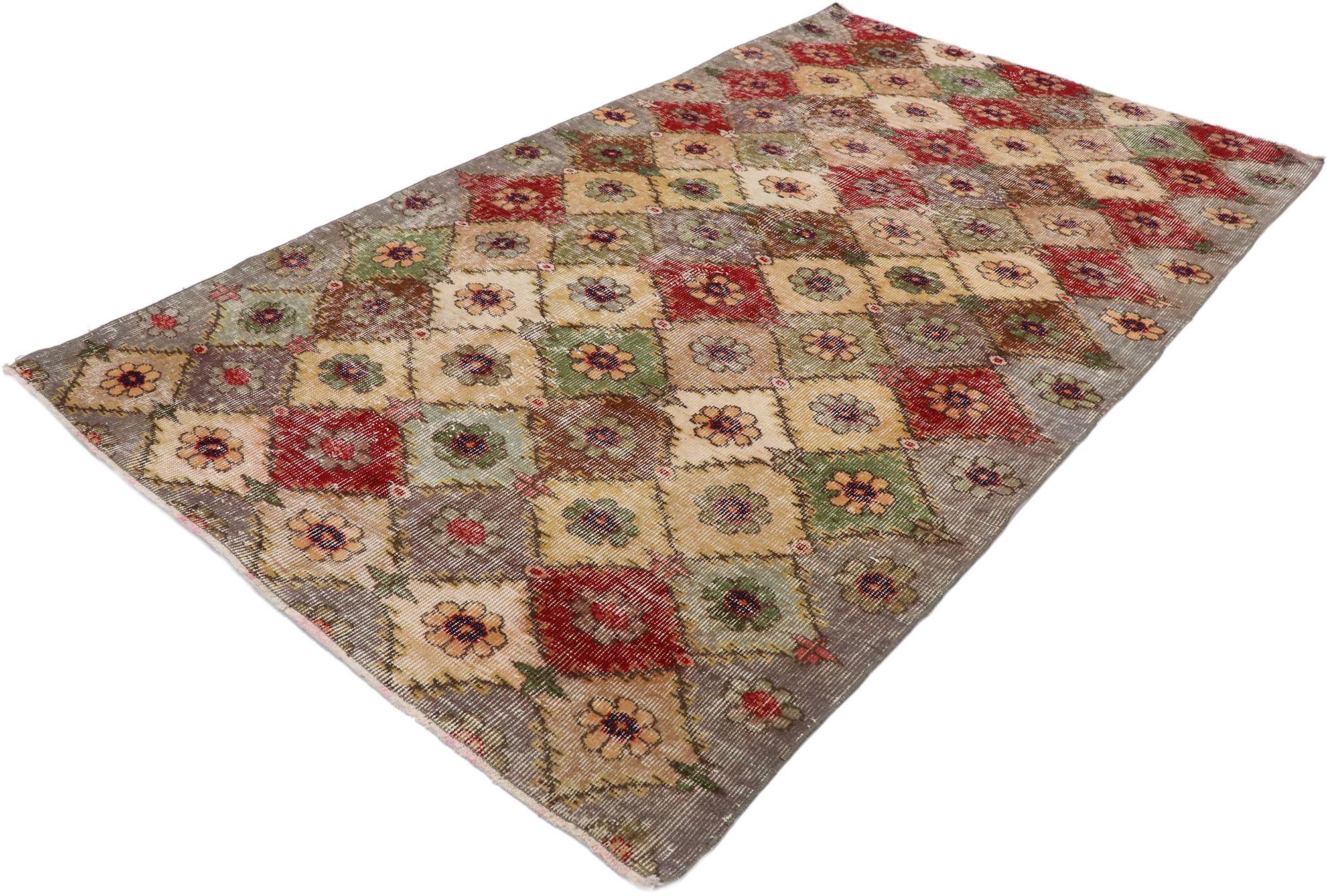 53332, Distressed Vintage Turkish Sivas Rug with Romantic Shabby Chic Style. This hand knotted wool distressed vintage Turkish Sivas rug features an all-over lattice pattern comprised of diamonds in alternating colors each containing a lovely