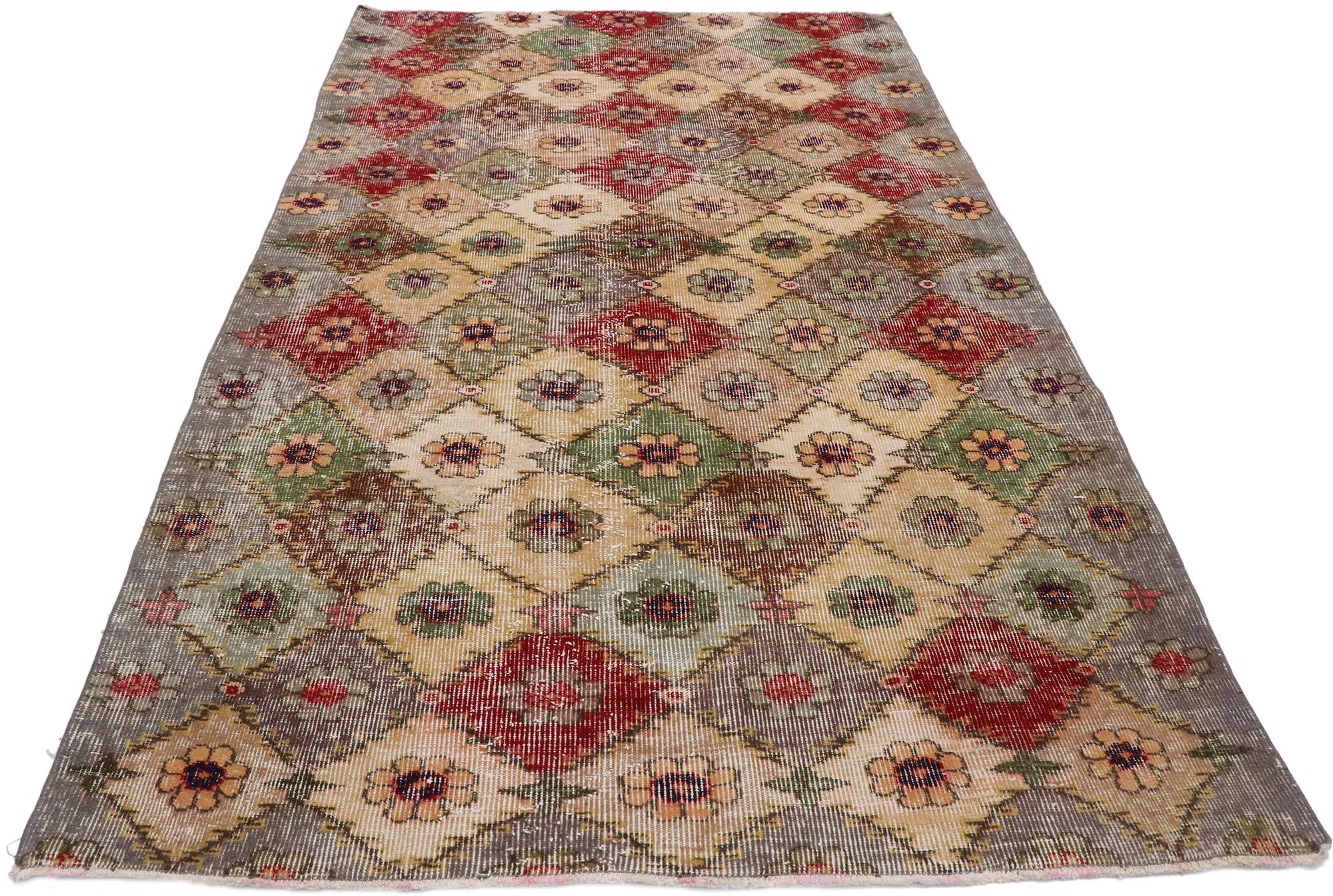 Hand-Knotted Distressed Vintage Turkish Sivas Rug with Romantic Shabby Chic Style For Sale