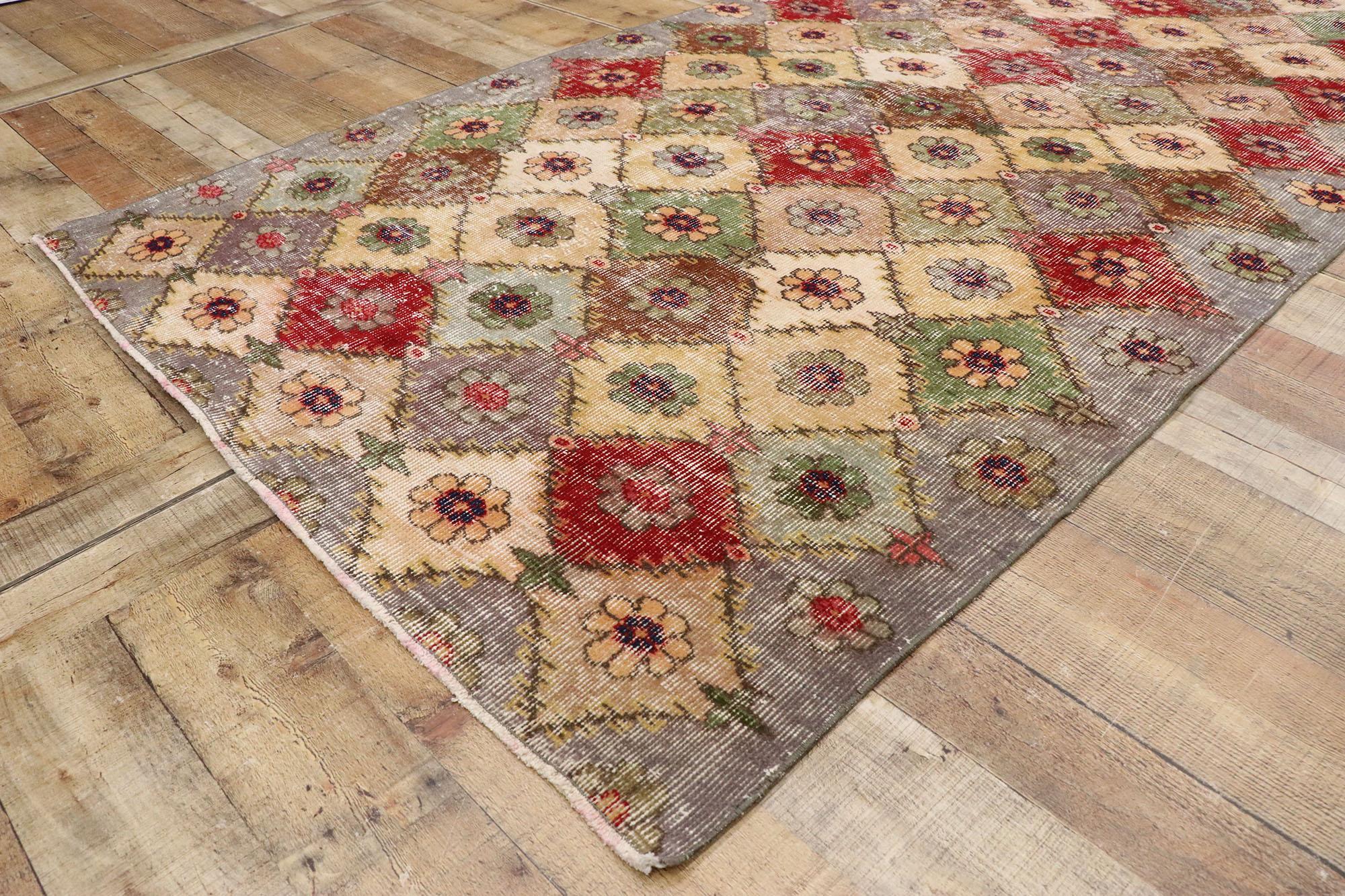 Wool Distressed Vintage Turkish Sivas Rug with Romantic Shabby Chic Style For Sale
