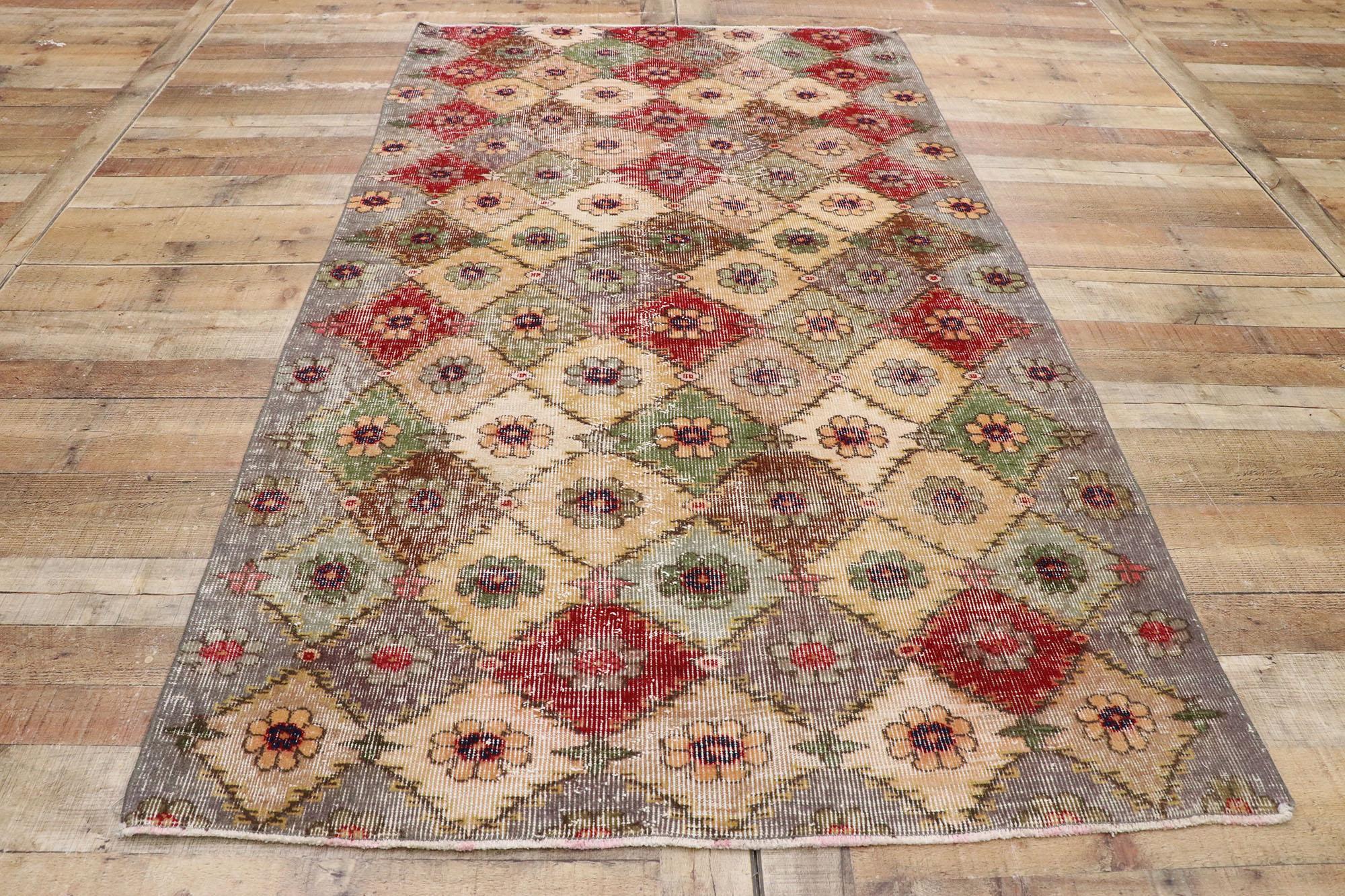 Distressed Vintage Turkish Sivas Rug with Romantic Shabby Chic Style For Sale 1