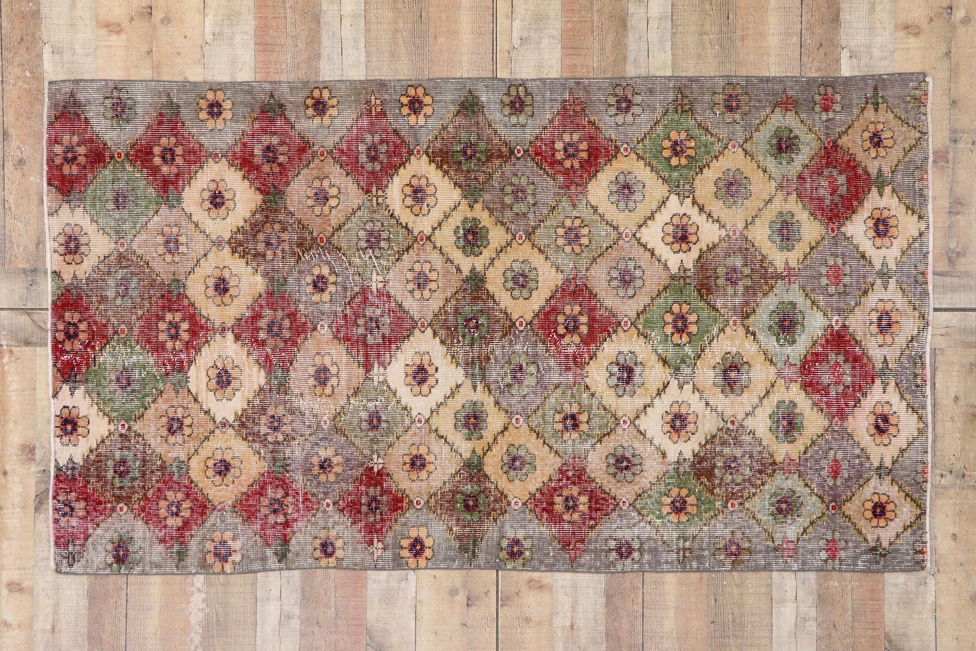Distressed Vintage Turkish Sivas Rug with Romantic Shabby Chic Style For Sale 2