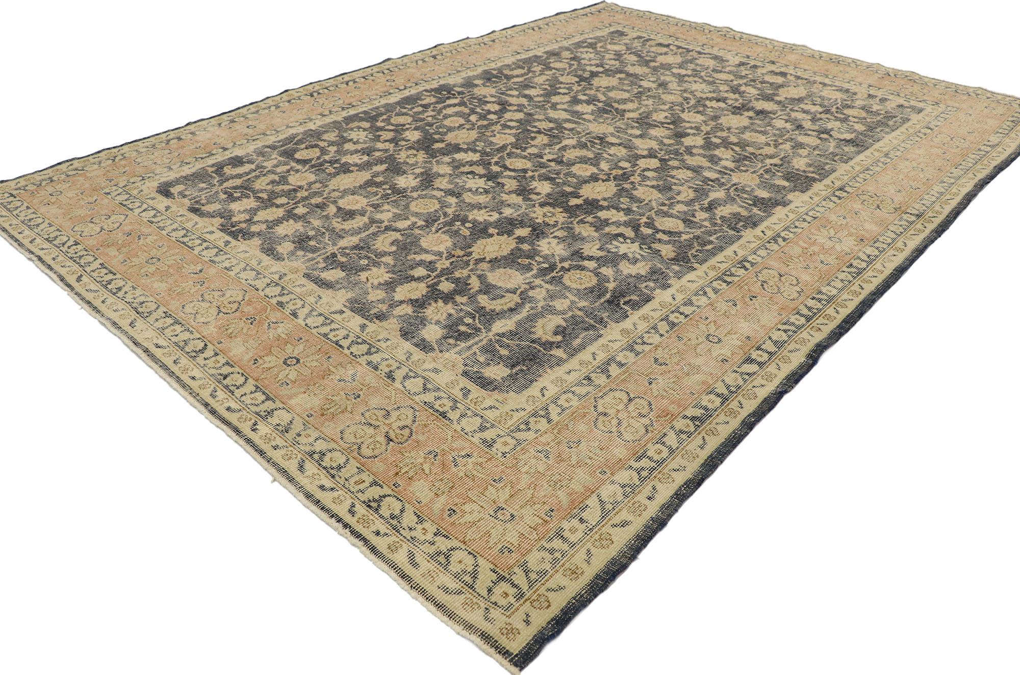 53228, distressed vintage Turkish Sivas rug with Rustic American Colonial style. Displaying well-balanced symmetry and a simple design aesthetic, this hand knotted wool distressed vintage Turkish Sivas rug beautifully embodies American Colonial